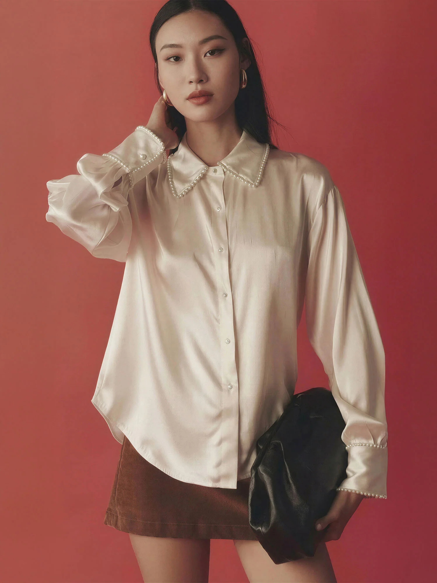 Satin Pearl Trim Button Down Shirt - Image 5