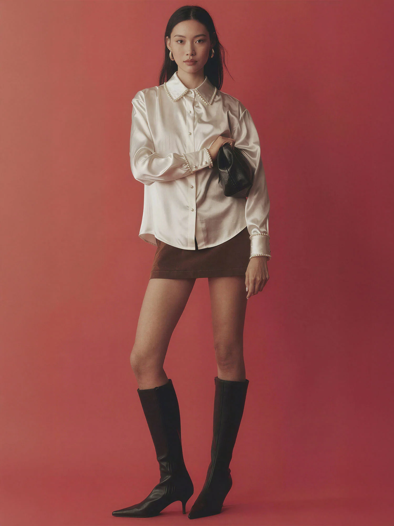 Satin Pearl Trim Button Down Shirt - Image 6