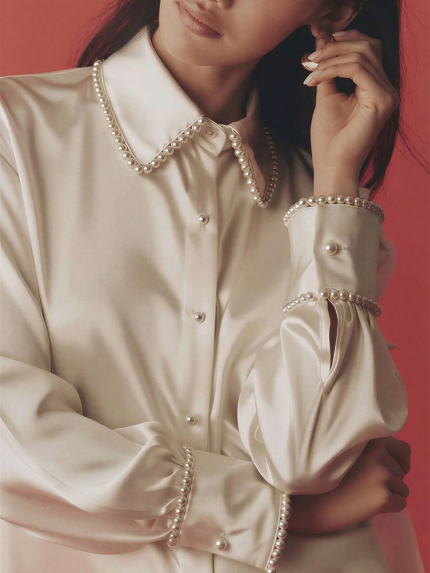 Satin Pearl Trim Button Down Shirt - Image 7