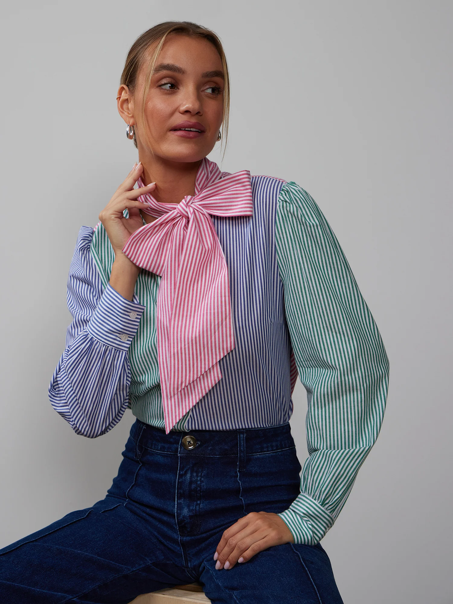 Long Sleeve Tie Neck Stripe Blouse