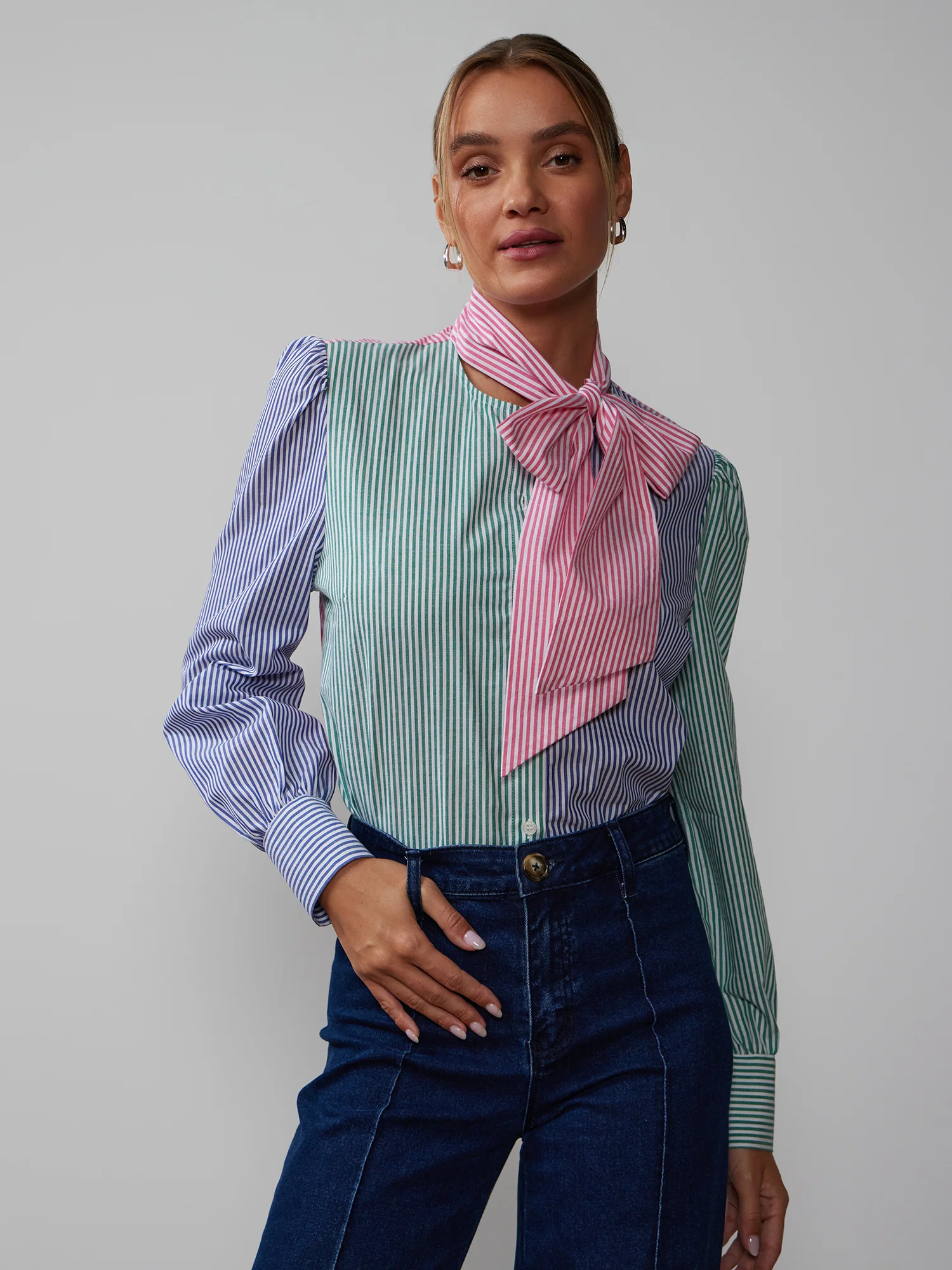Long Sleeve Tie Neck Stripe Blouse - Image 4