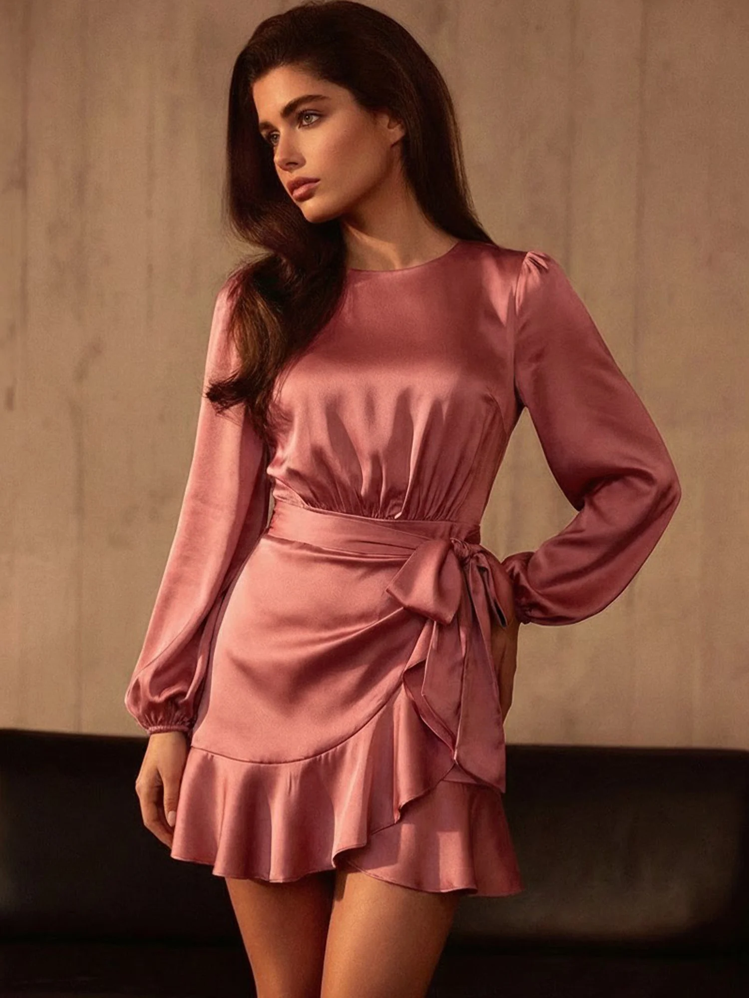 Long Sleeve Wrap Satin Mini Dress - Image 5