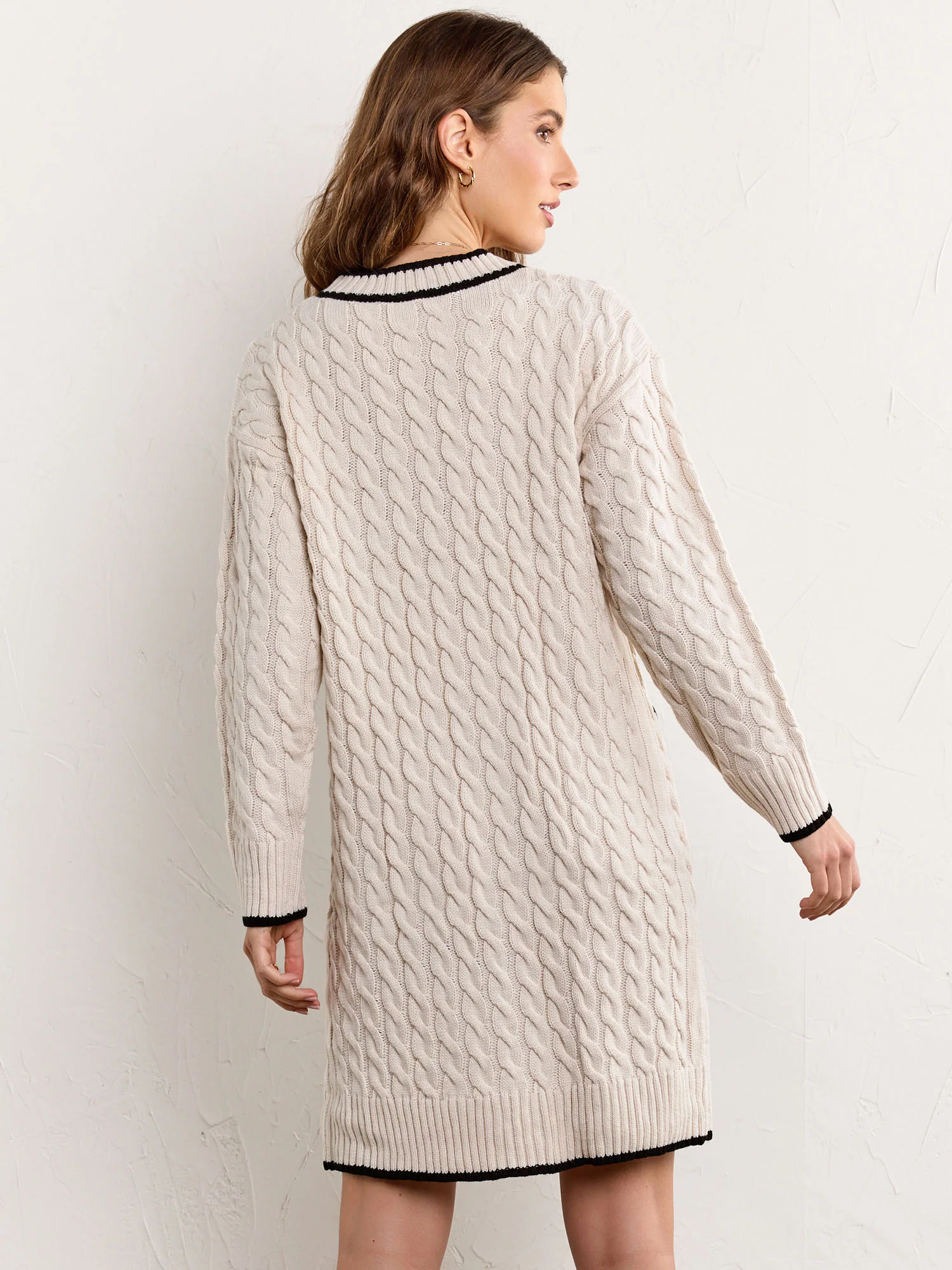 Longline Contrast Trim Cable Knit Cardigan - Fore Collection - Image 14