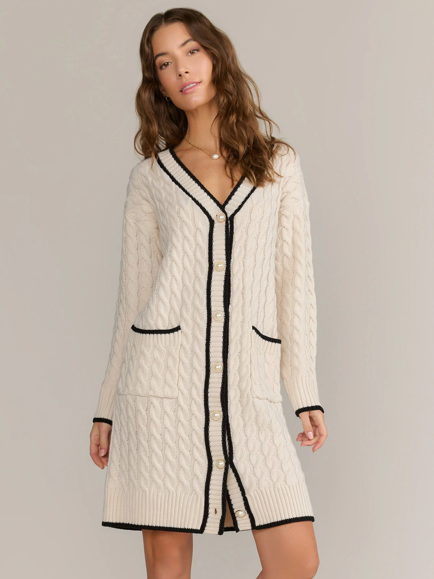 Longline Contrast Trim Cable Knit Cardigan - Fore Collection - Image 6