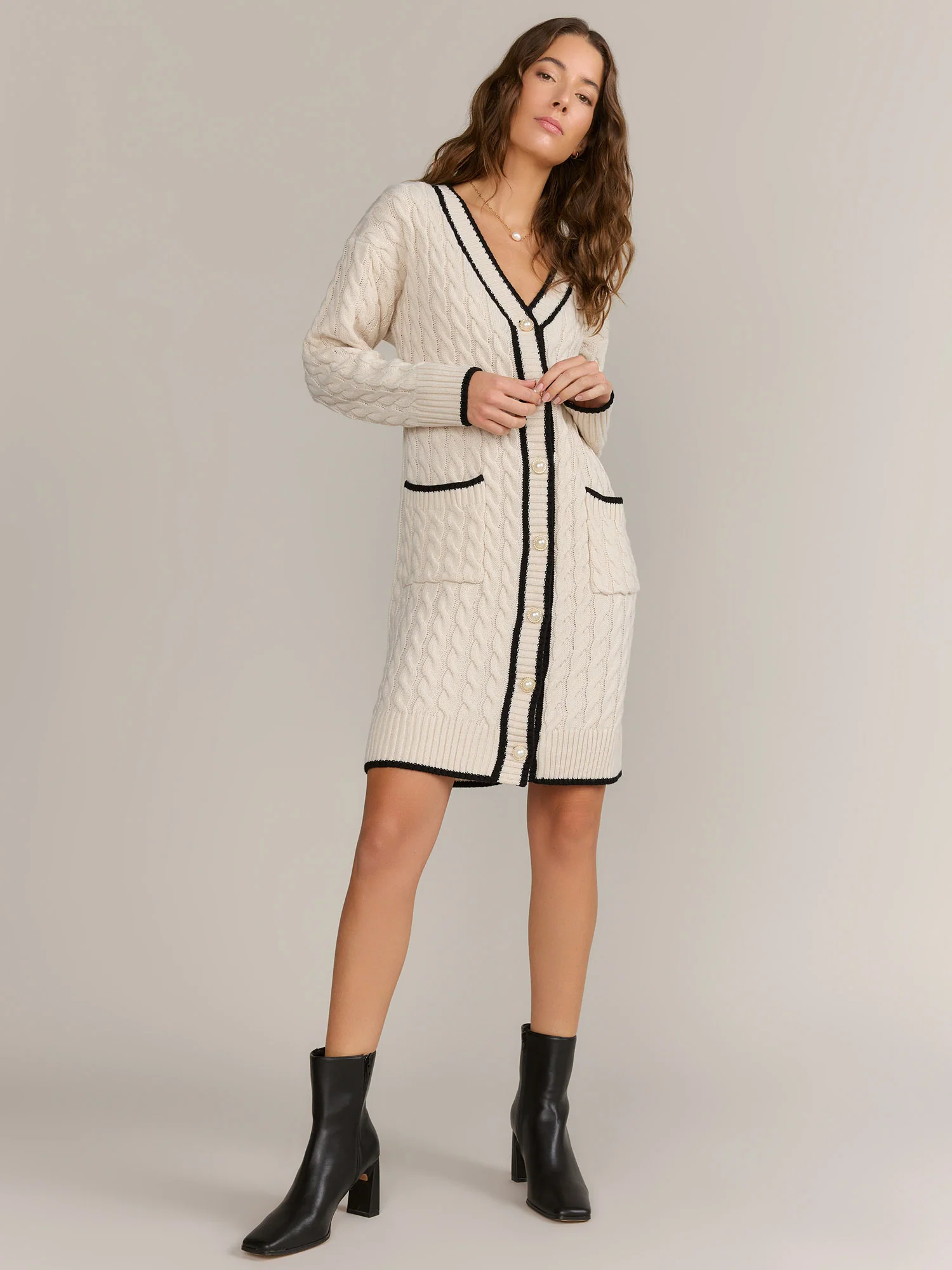 Longline Contrast Trim Cable Knit Cardigan - Fore Collection - Image 8