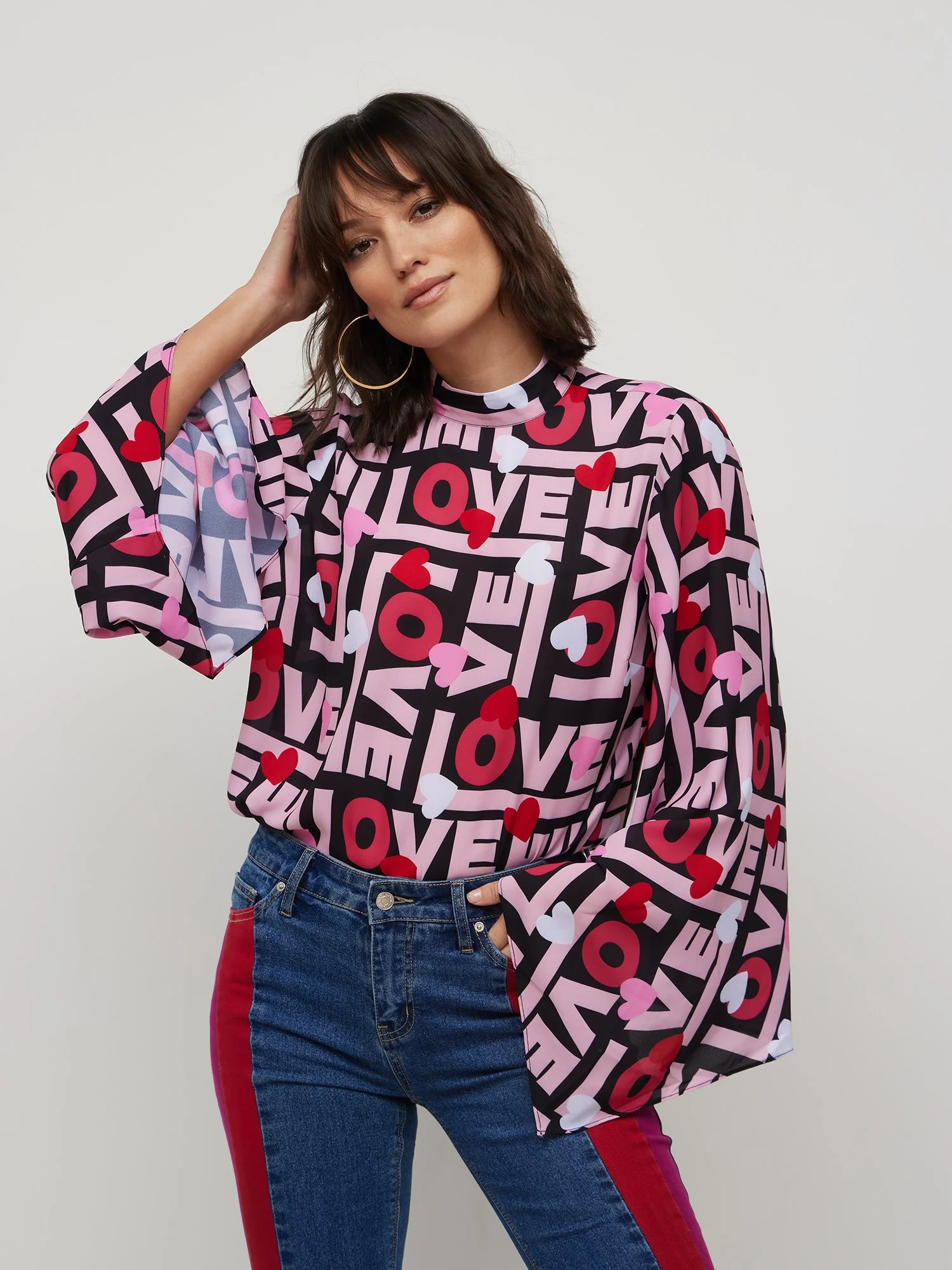 Love-Print Kimono-Sleeve Blouse