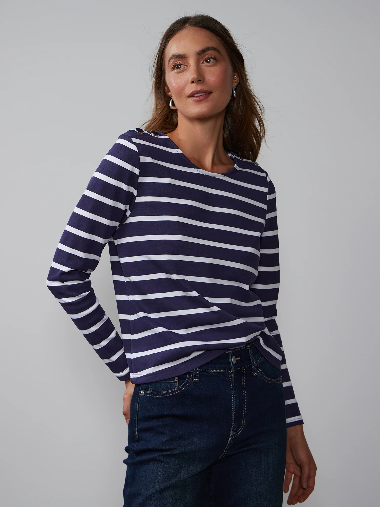 Long Sleeve Button Shoulder Striped Top - Image 16
