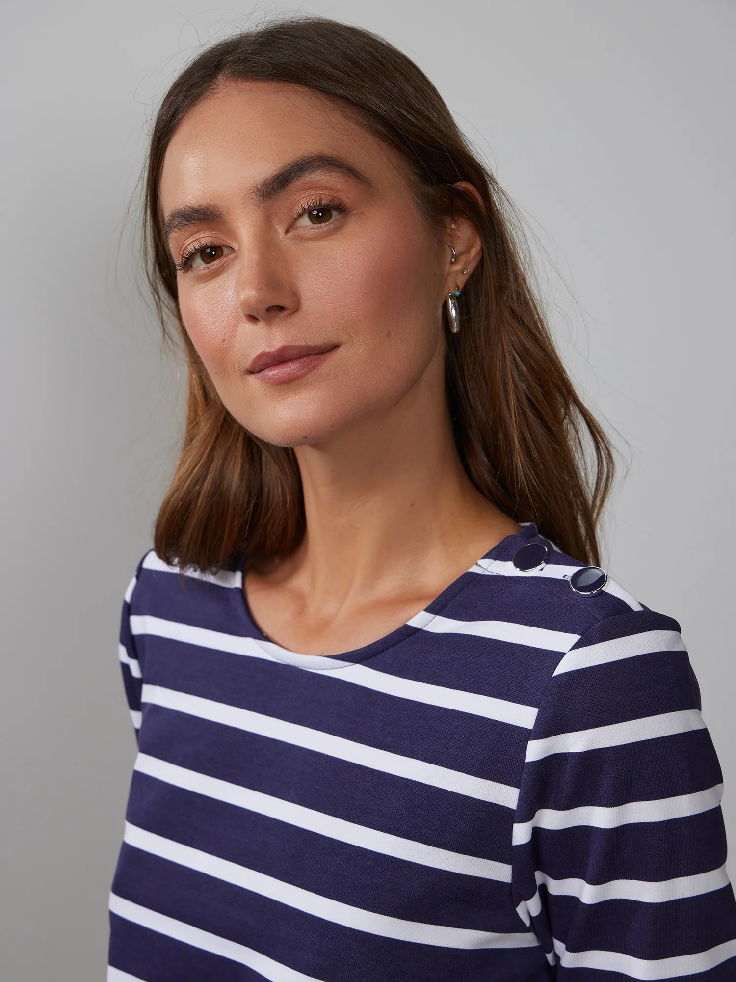 Long Sleeve Button Shoulder Striped Top - Image 19
