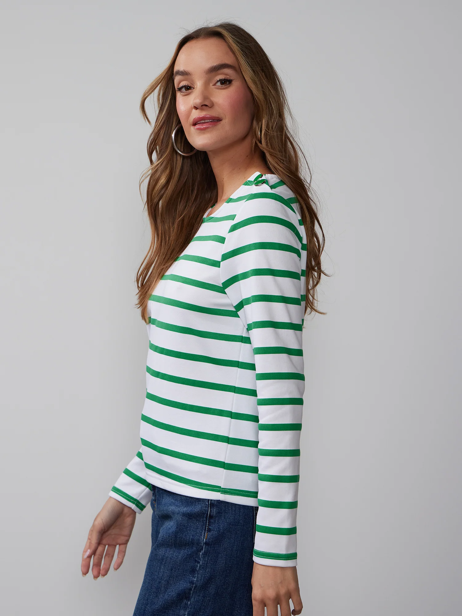 Long Sleeve Button Shoulder Striped Top - Image 2