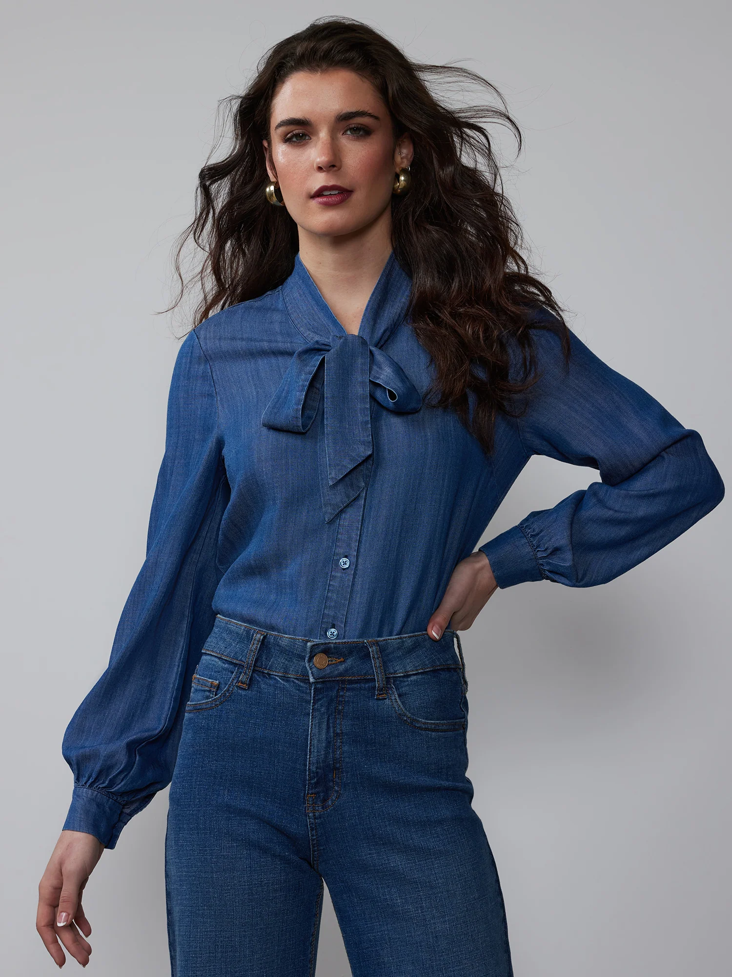 Chambray Bow Neck Blouse