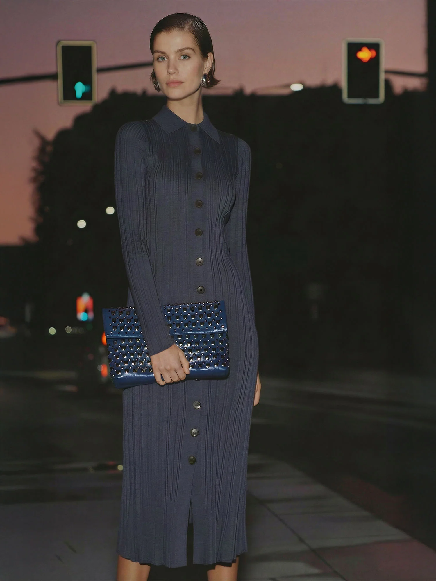 Collared Button Down Shirt Sweater Midi Dress