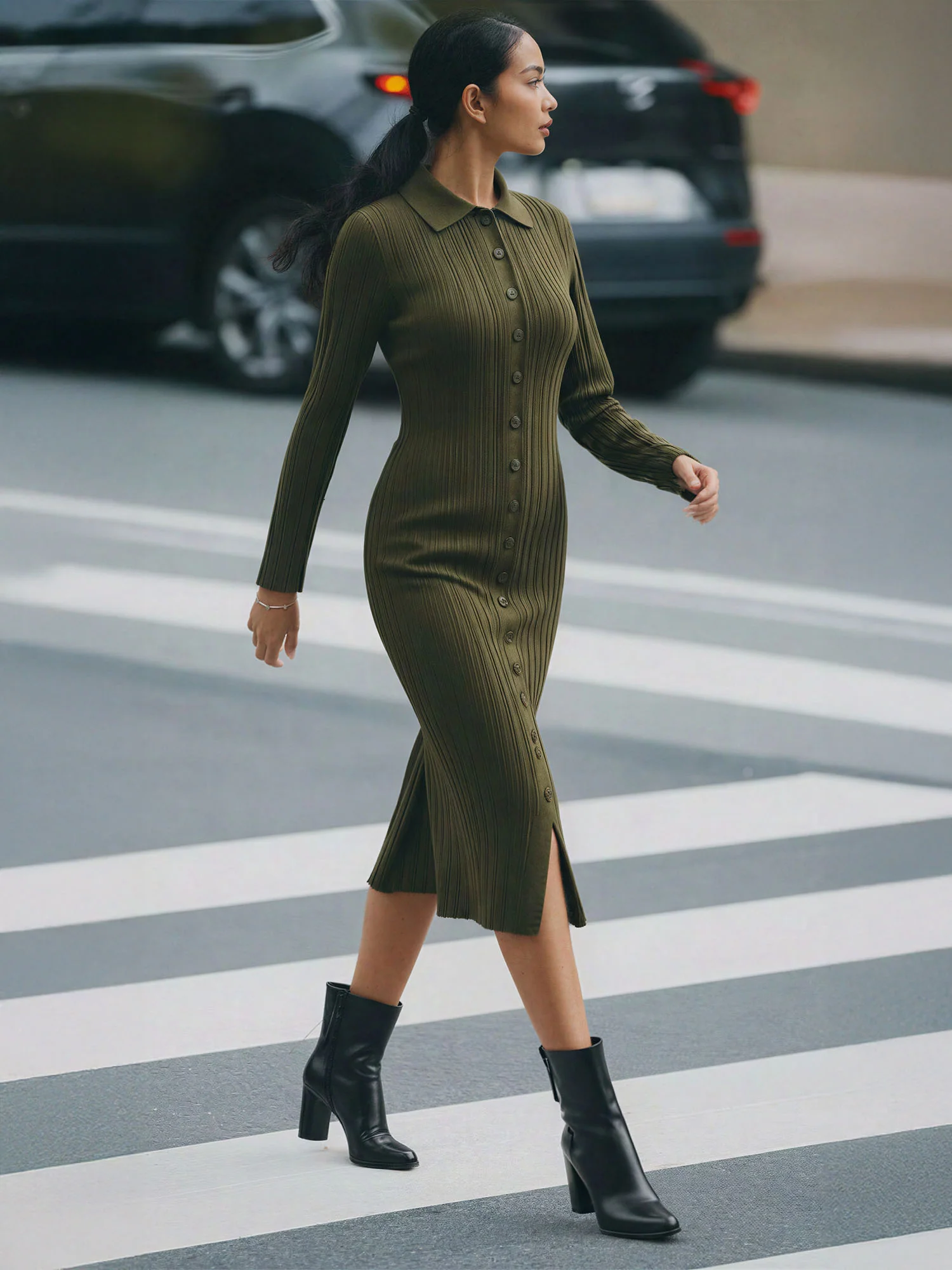 Collared Button Down Shirt Sweater Midi Dress - Image 10