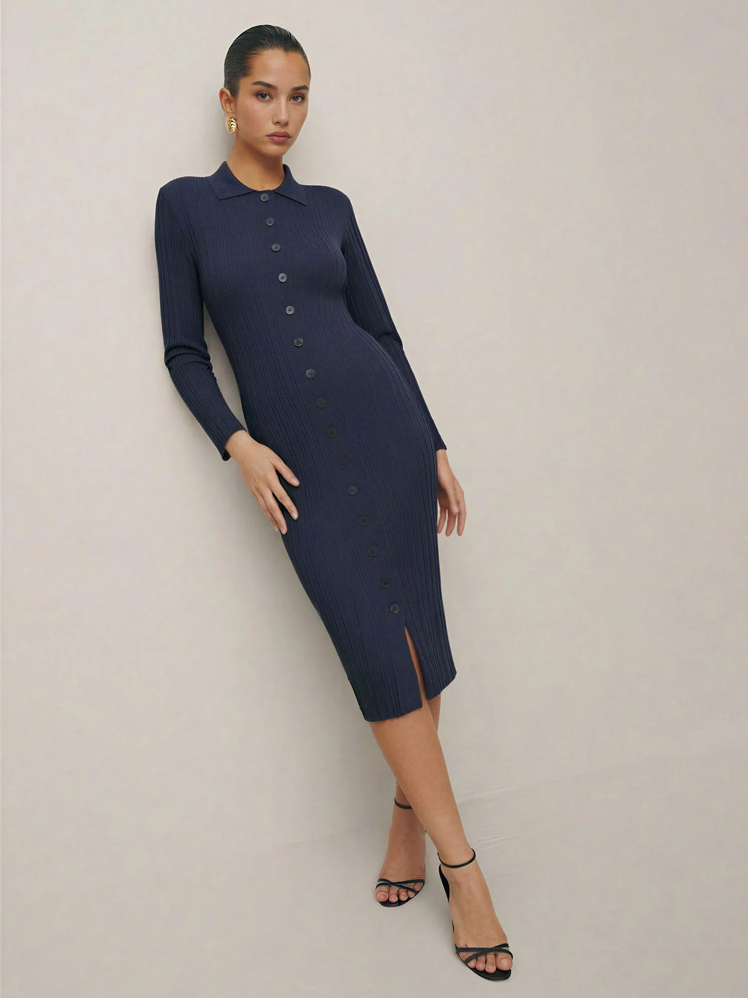 Collared Button Down Shirt Sweater Midi Dress - Image 2