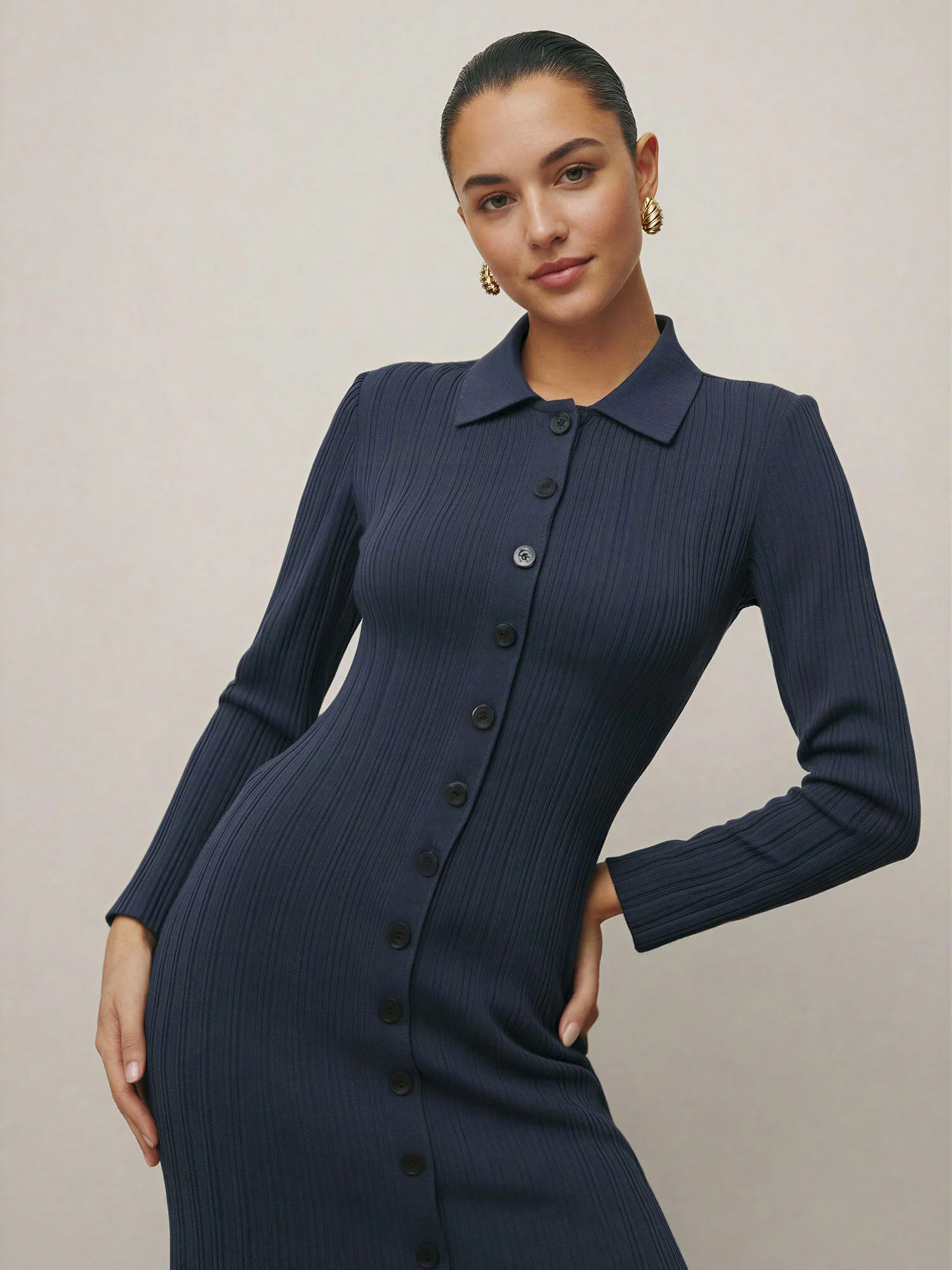 Collared Button Down Shirt Sweater Midi Dress - Image 3