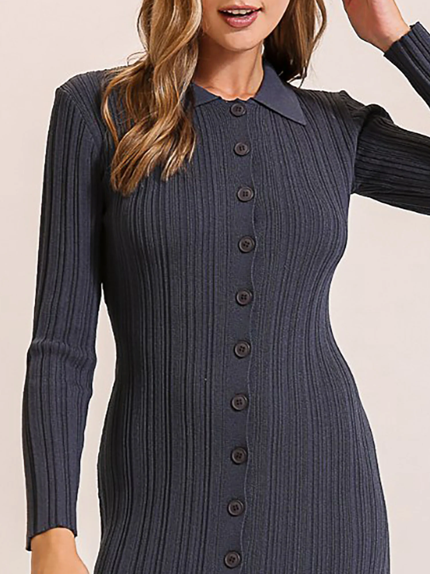 Collared Button Down Shirt Sweater Midi Dress - Image 5