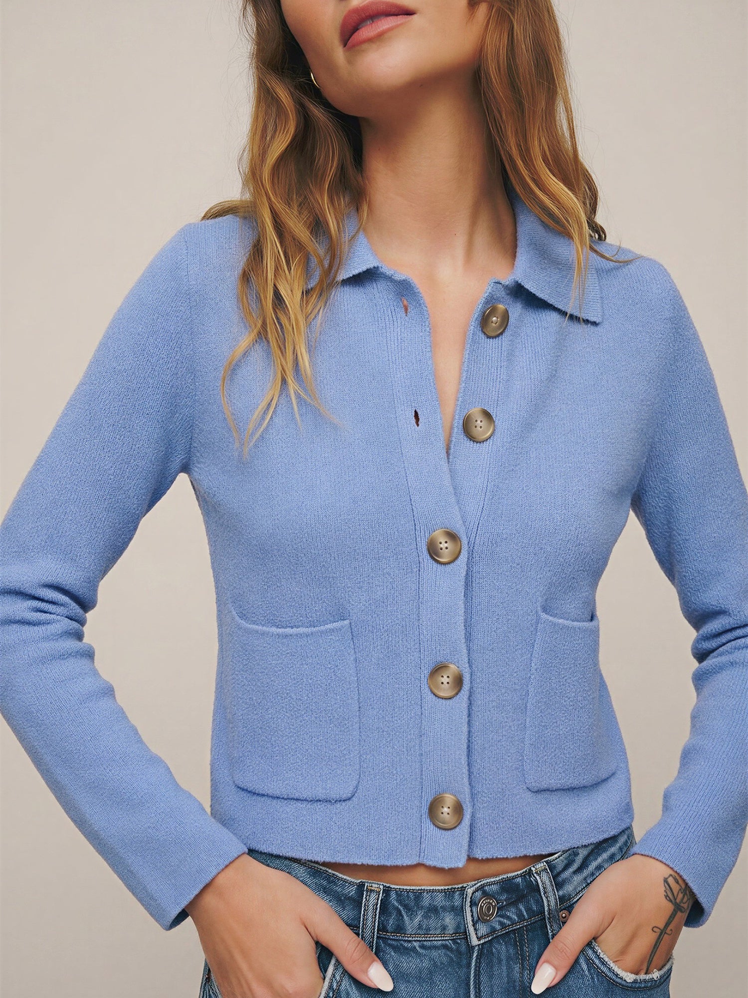 Long Sleeve Collared Knit Cardigan - Image 3