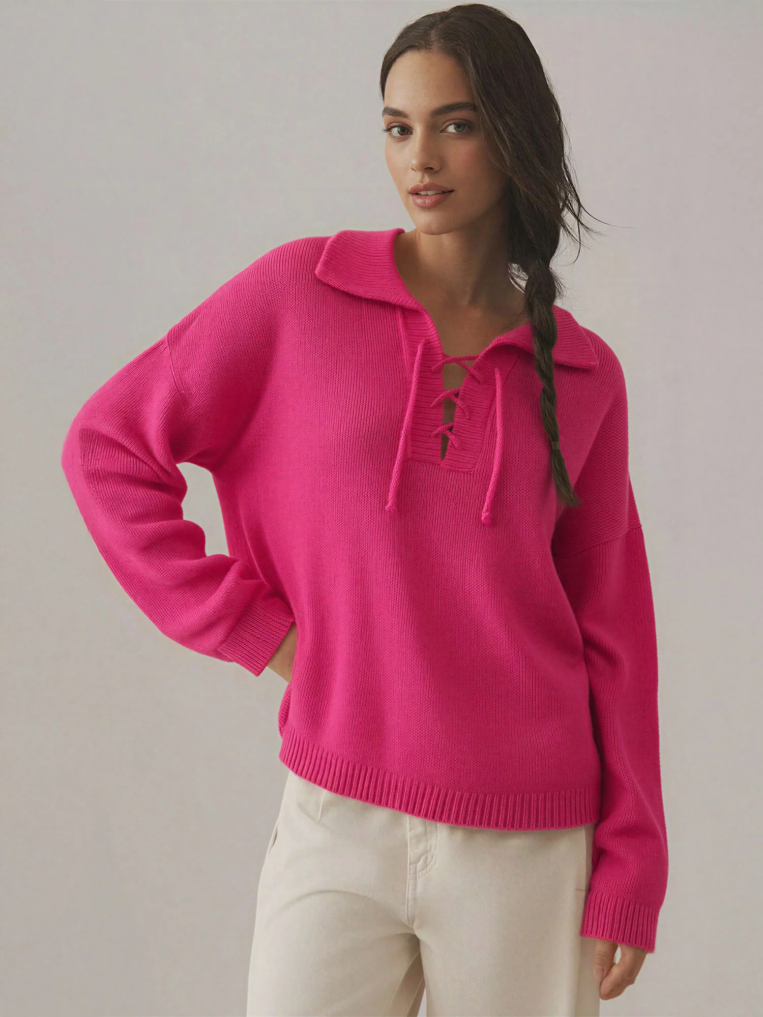 Collared Lace Up Neck Sweater