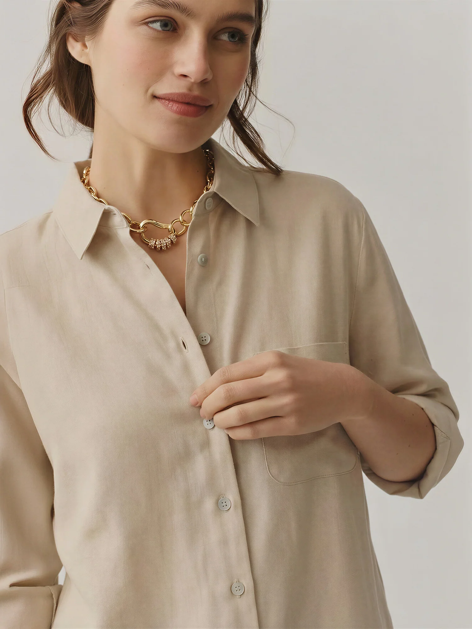 Long Sleeves Collared Linen Blend Rolled Sleeve Button Down Shirt - Image 5