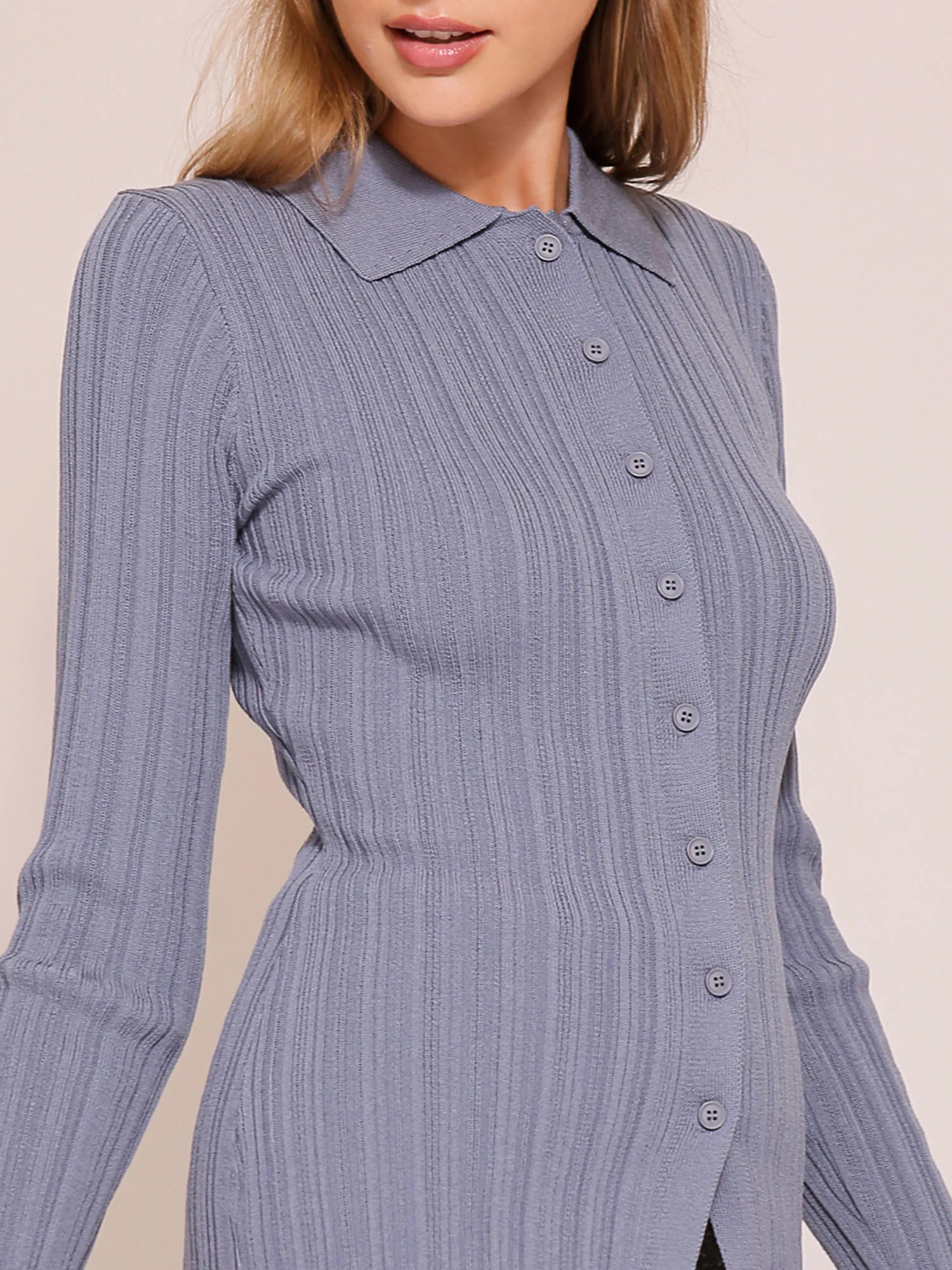 Collared Ribbed Button Down Sweater - Image 11