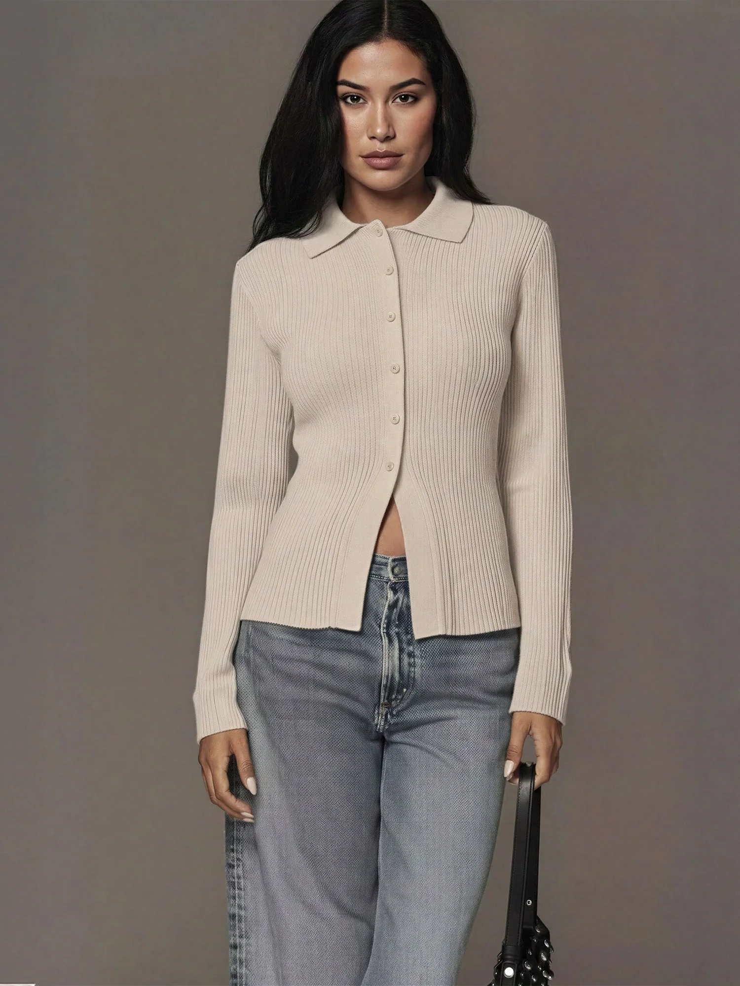 Collared Ribbed Button Down Sweater - Image 13