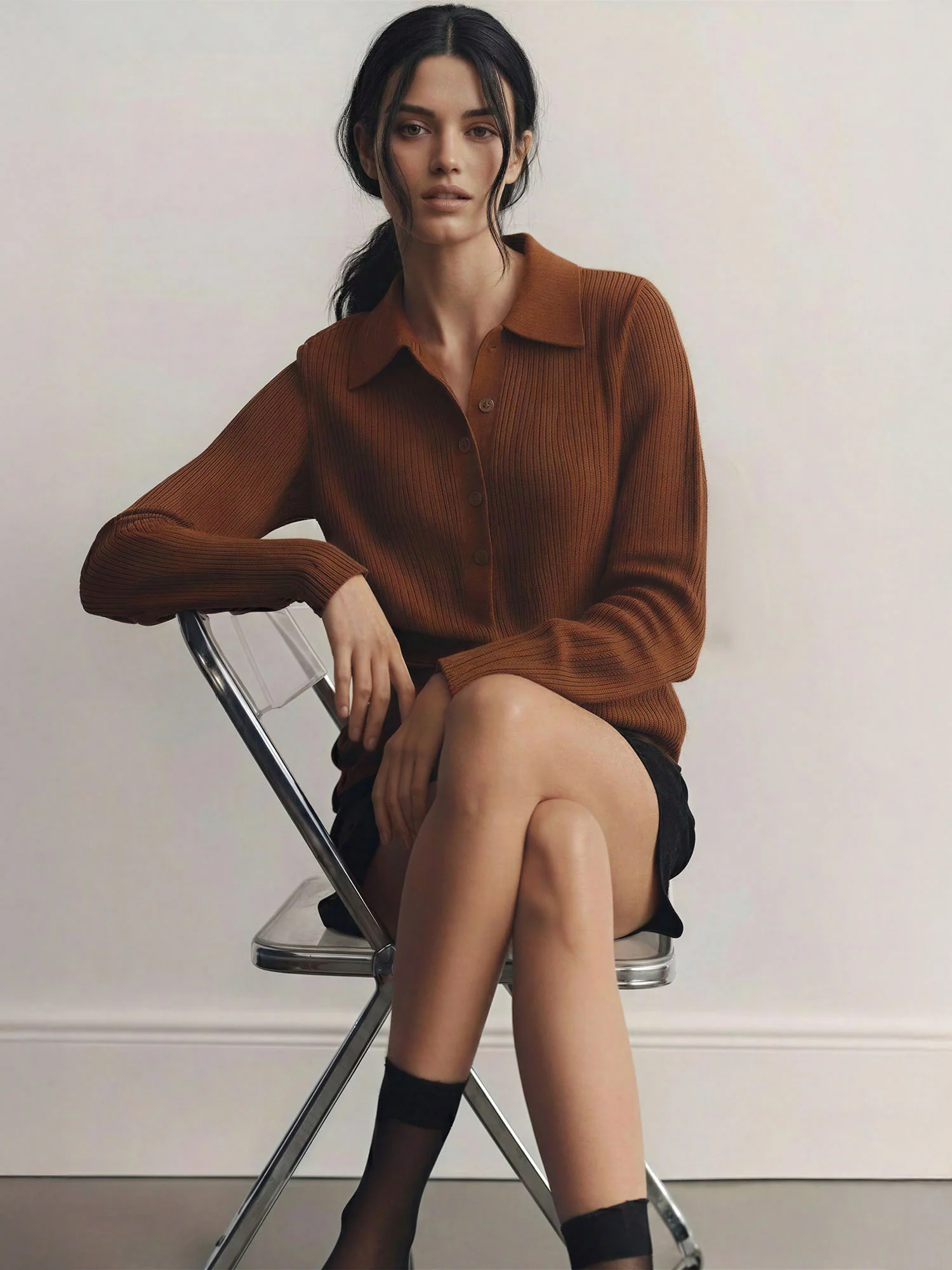 Collared Ribbed Button Down Sweater - Image 2