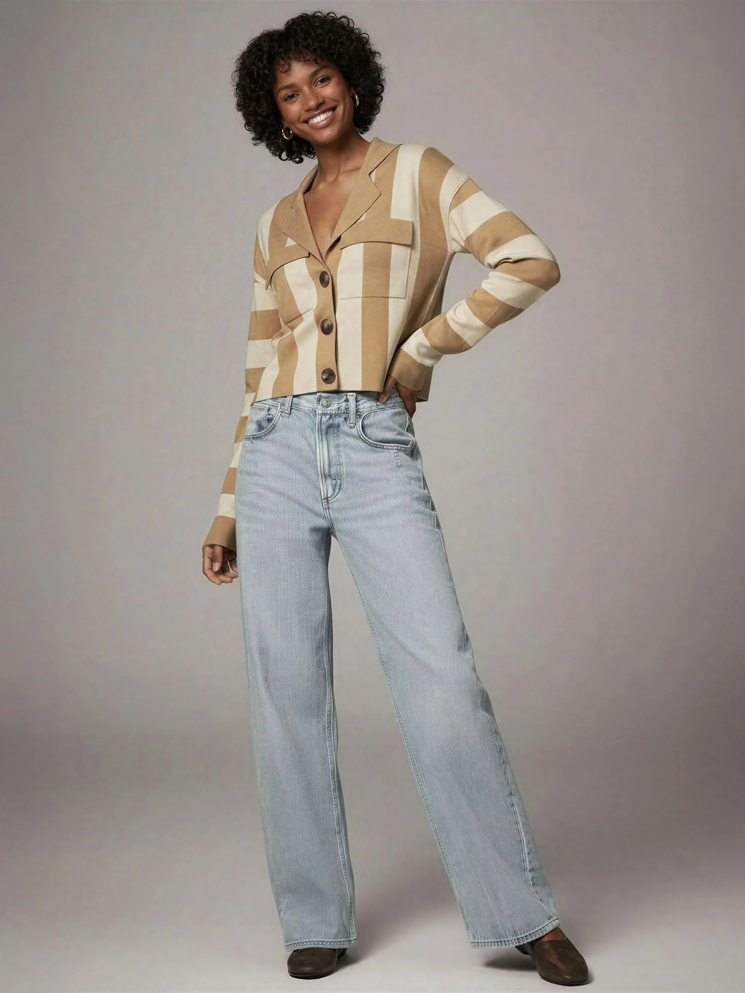 Collared Stripe Button Front Cardigan - Image 5