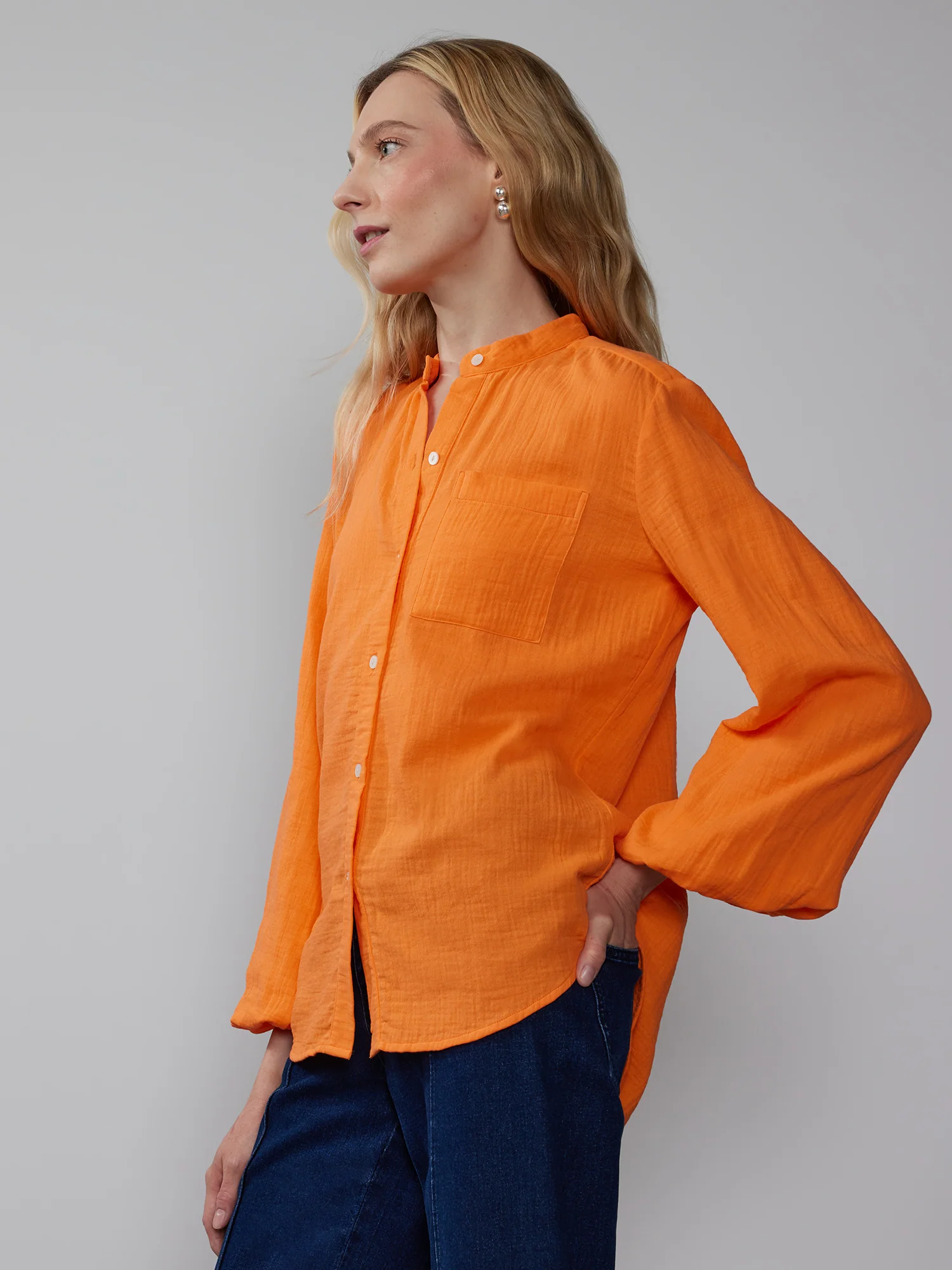 Balloon Sleeve Cotton Gauze Button Down Shirt - Image 2