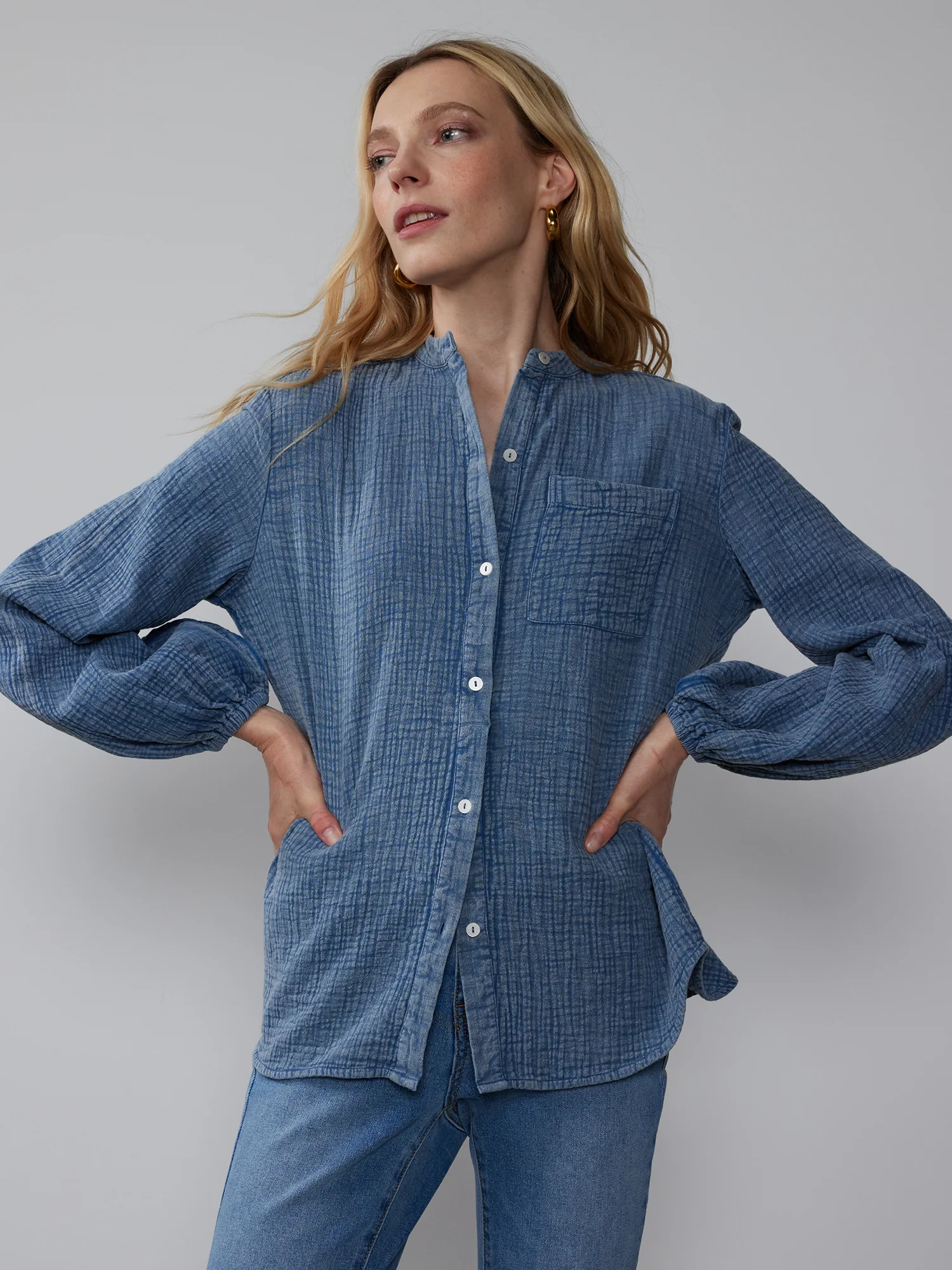 Balloon Sleeve Cotton Gauze Button Down Shirt - Image 5