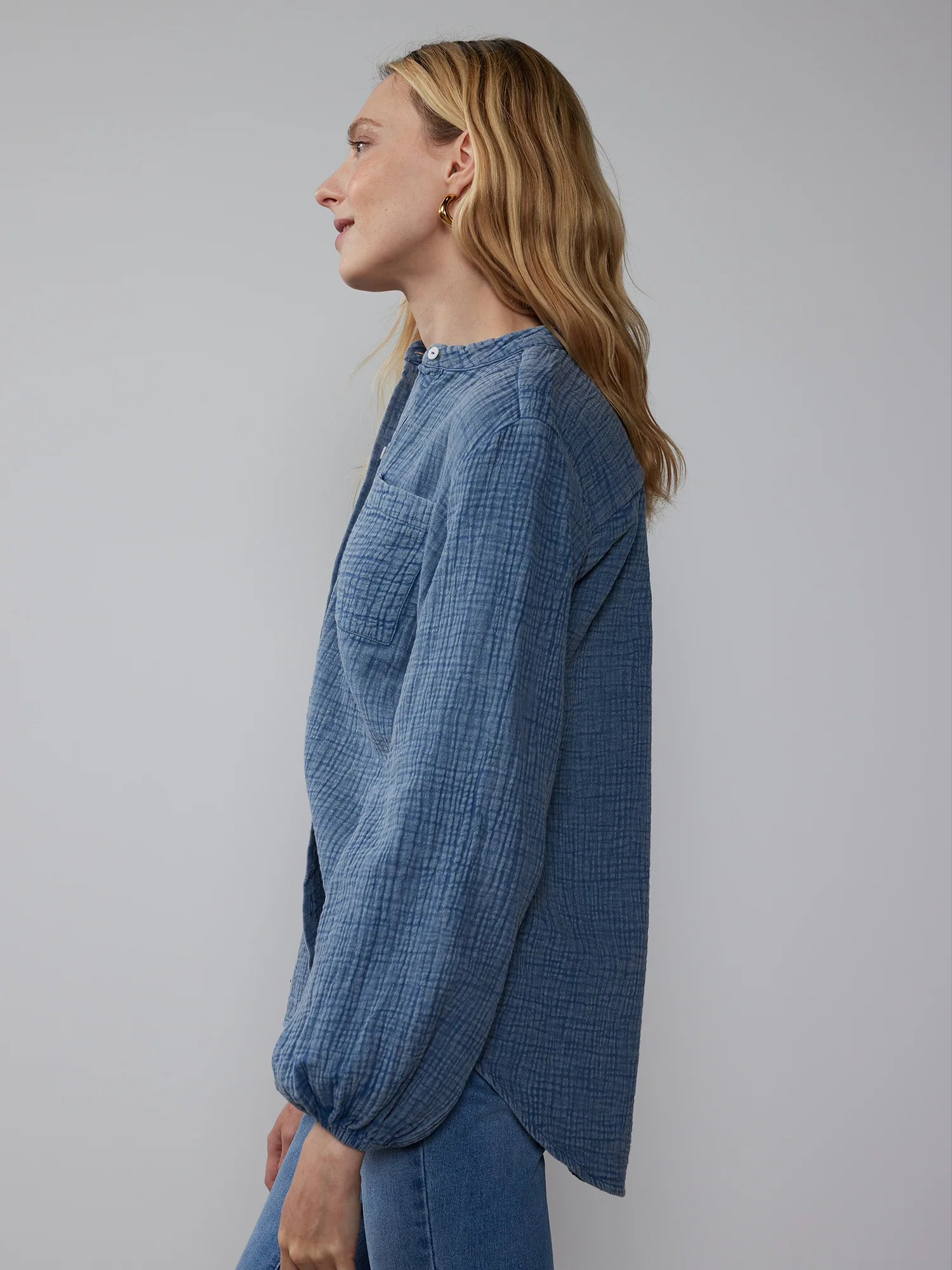 Balloon Sleeve Cotton Gauze Button Down Shirt - Image 6
