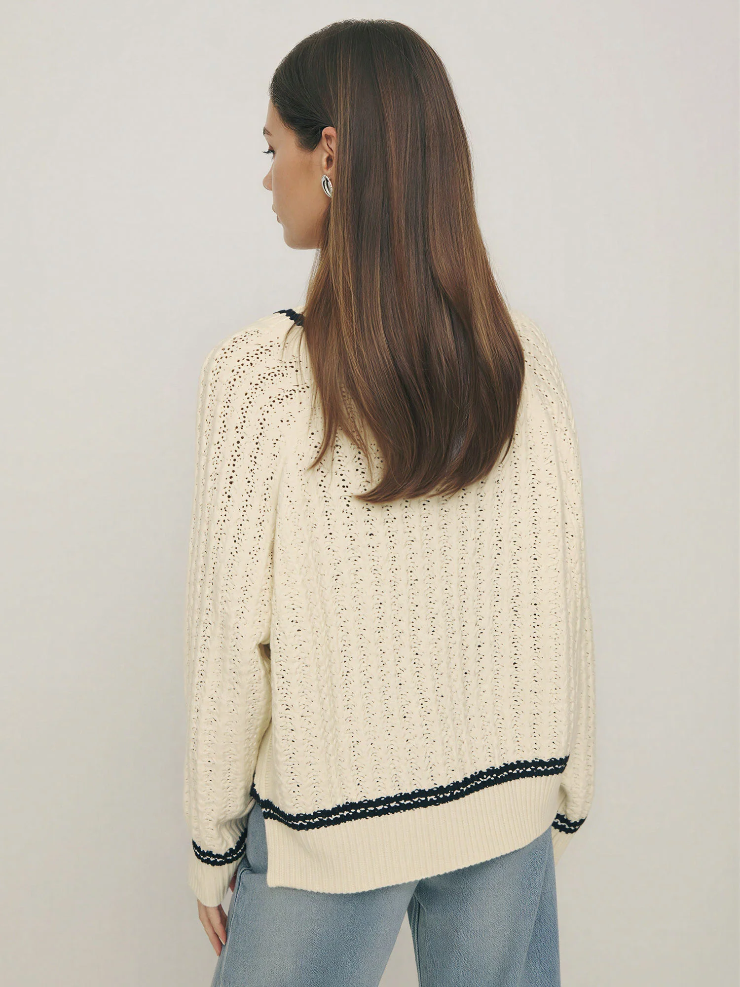Crewneck Pointelle Broder Trim Pullover Sweater - Image 5