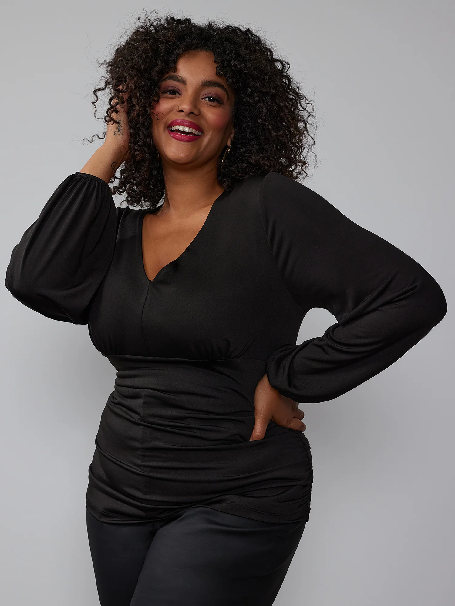 Plus Slinky Scuba V-Neck Side Ruched Top
