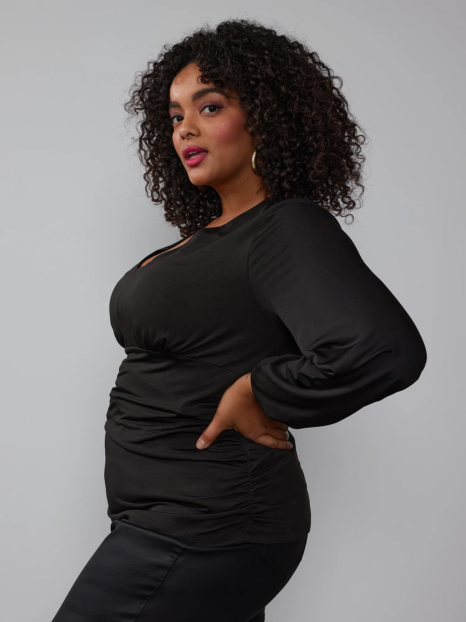 Plus Slinky Scuba V-Neck Side Ruched Top - Image 2