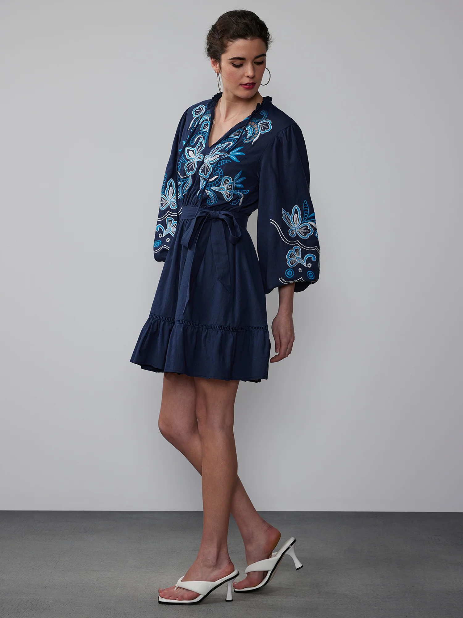 Floral Embroidery Cotton Mini Dress - Image 2