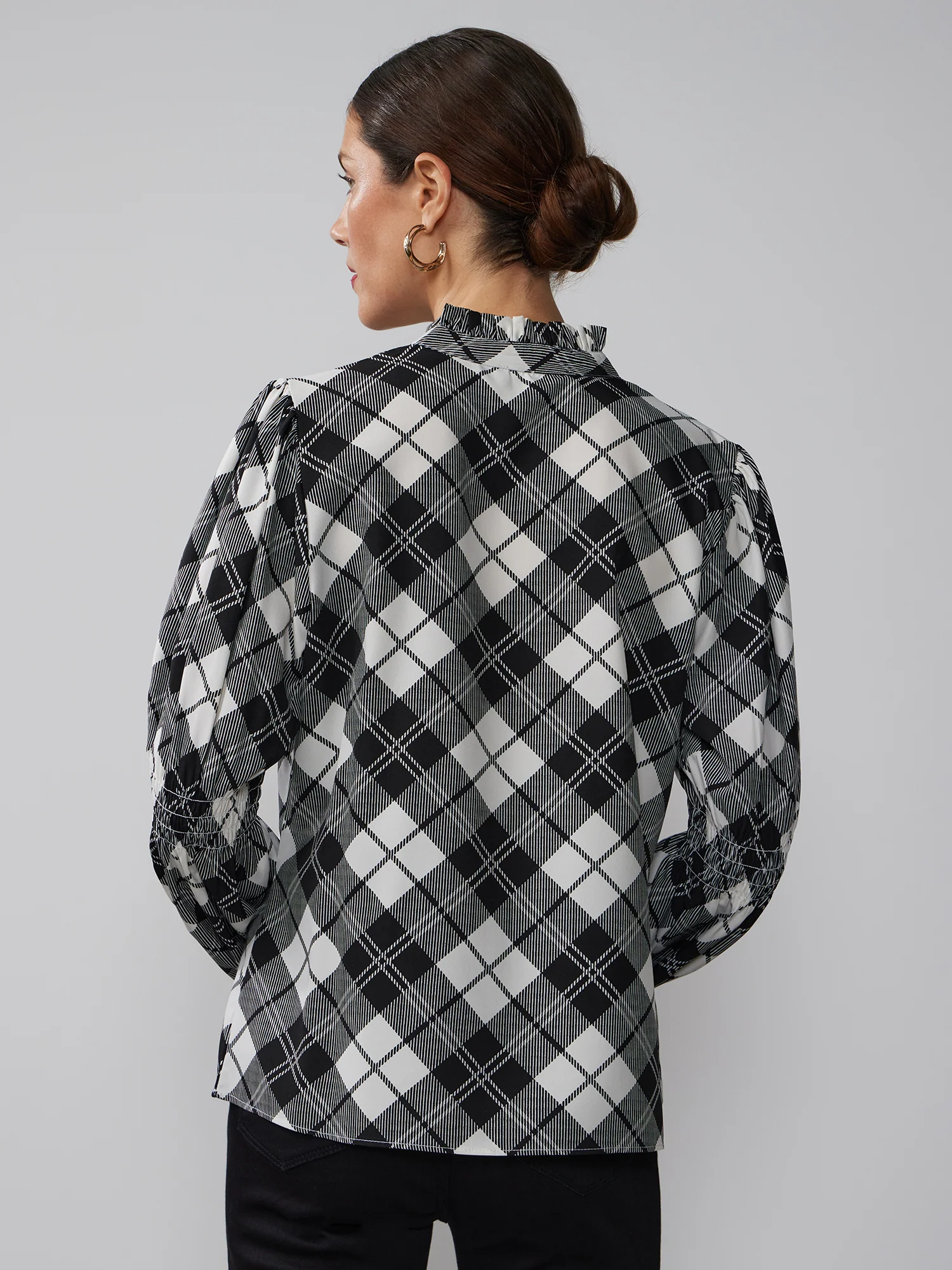 Long Sleeve V-Neck Plaid Blouse - Image 3