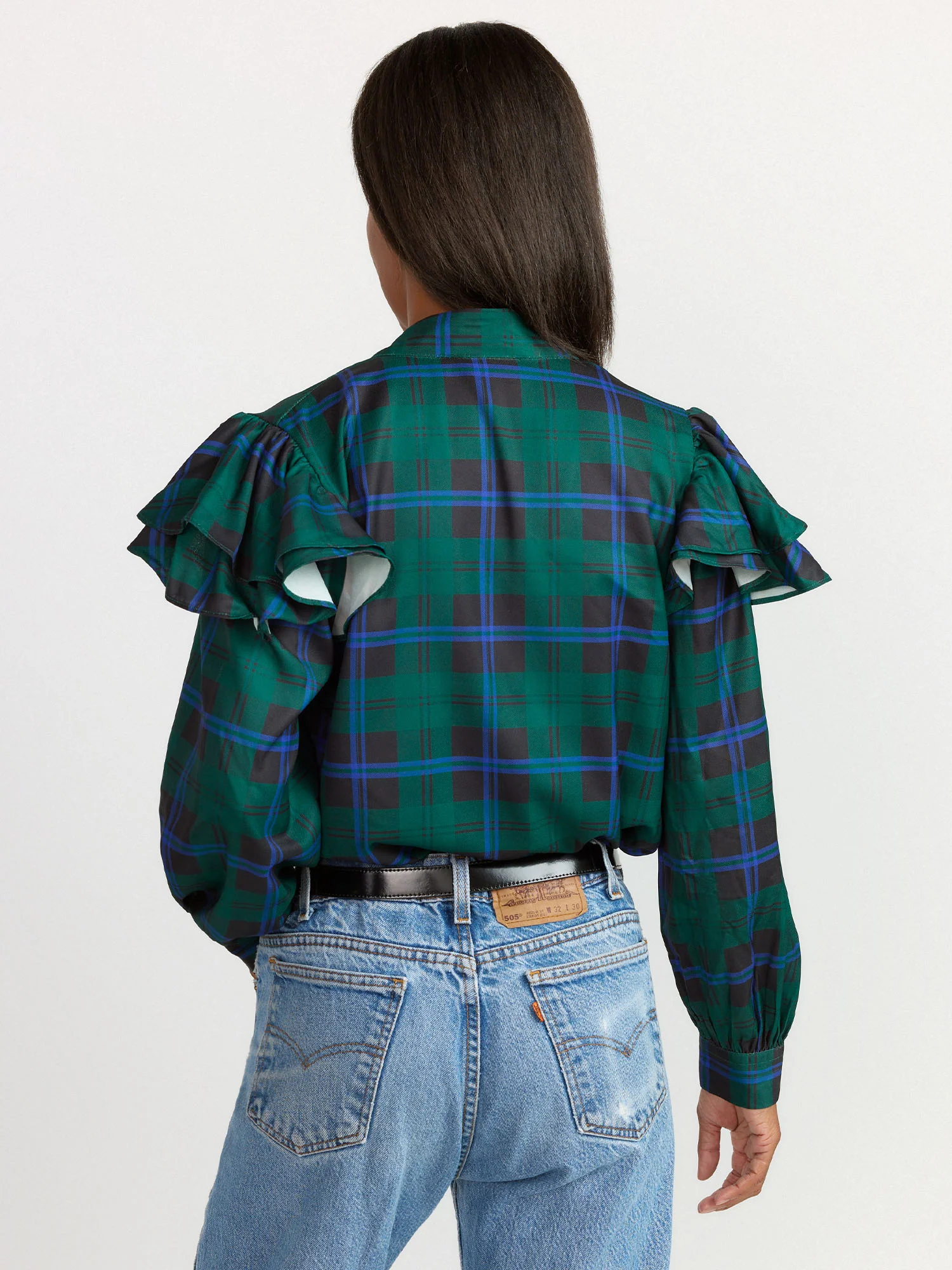 Ruffle Sleeve Mock Neck Flannel Blouse - Image 3