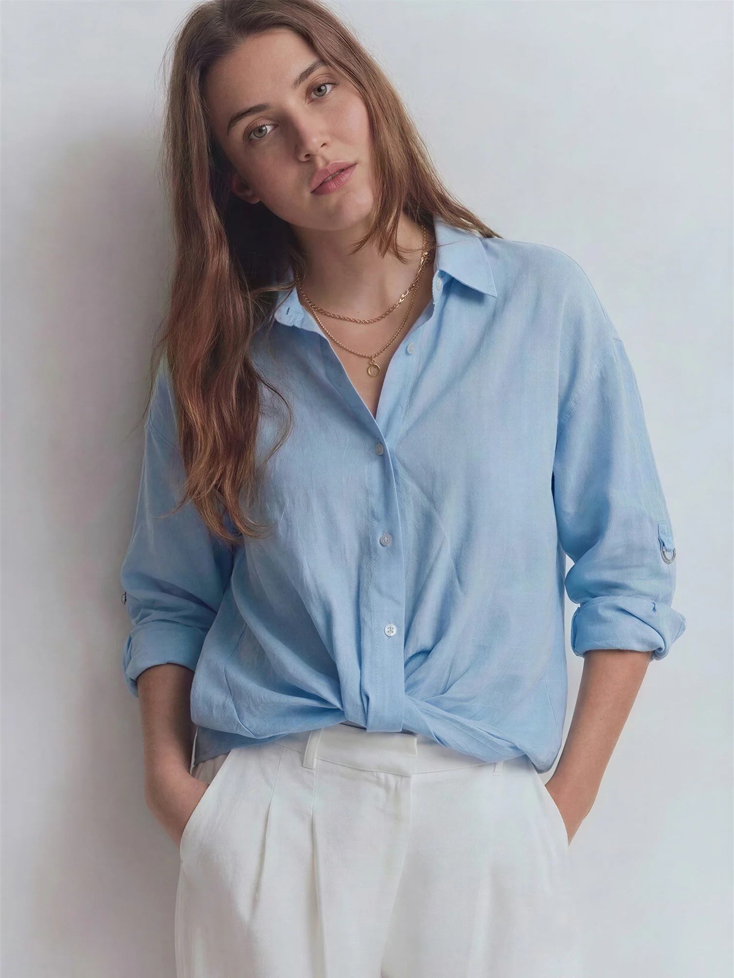 Longsleeves Linen Blend Twist Hem Button Down Crop Shirt
