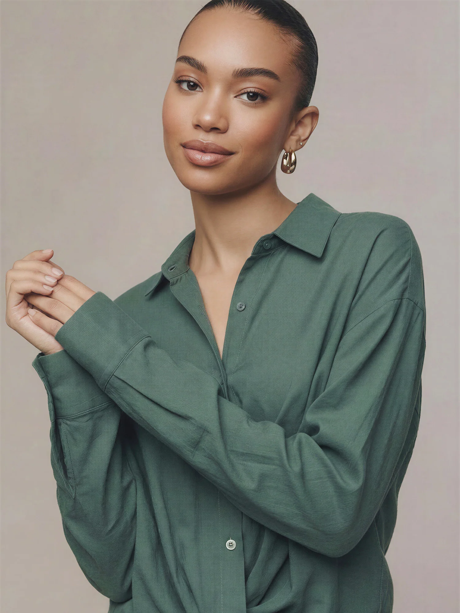 Longsleeves Linen Blend Twist Hem Button Down Crop Shirt - Image 8