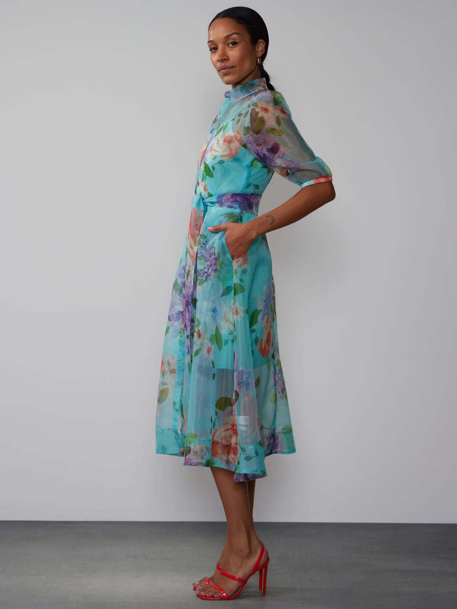 Short Sleeve Floral Organza Shirt Dress - Image 2
