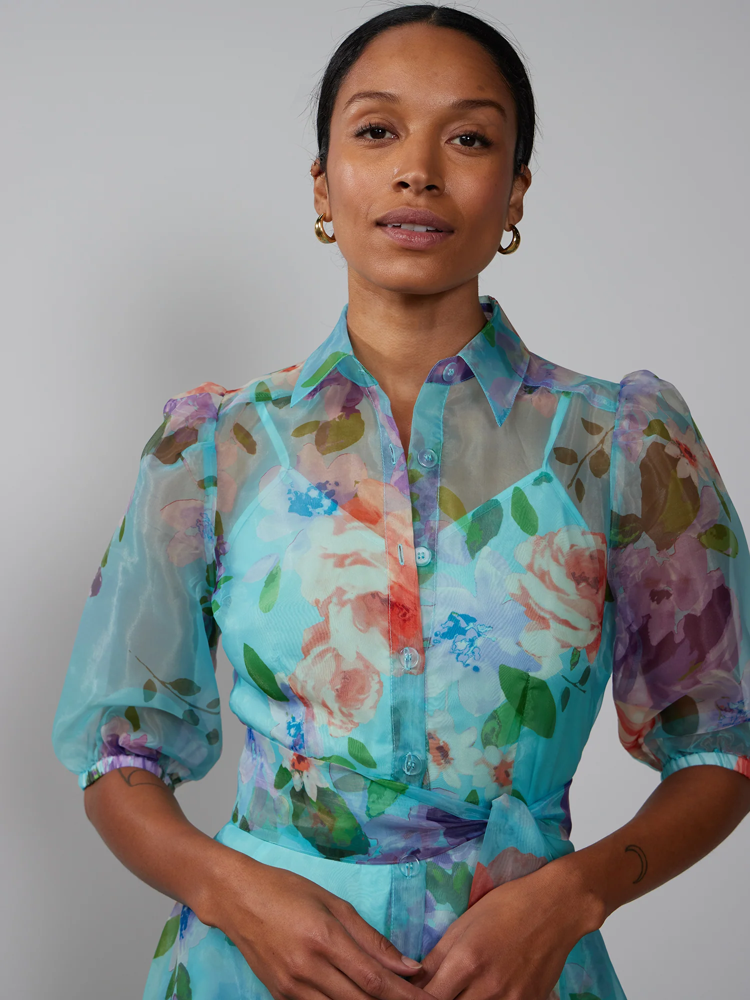 Short Sleeve Floral Organza Shirt Dress - Image 4
