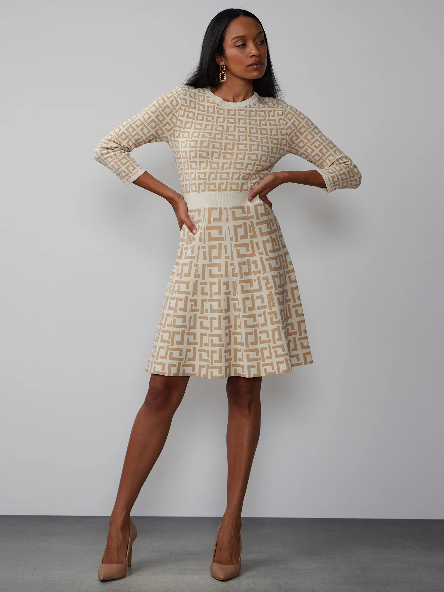 Long Sleeve Geometric A-Line Dress - Image 6