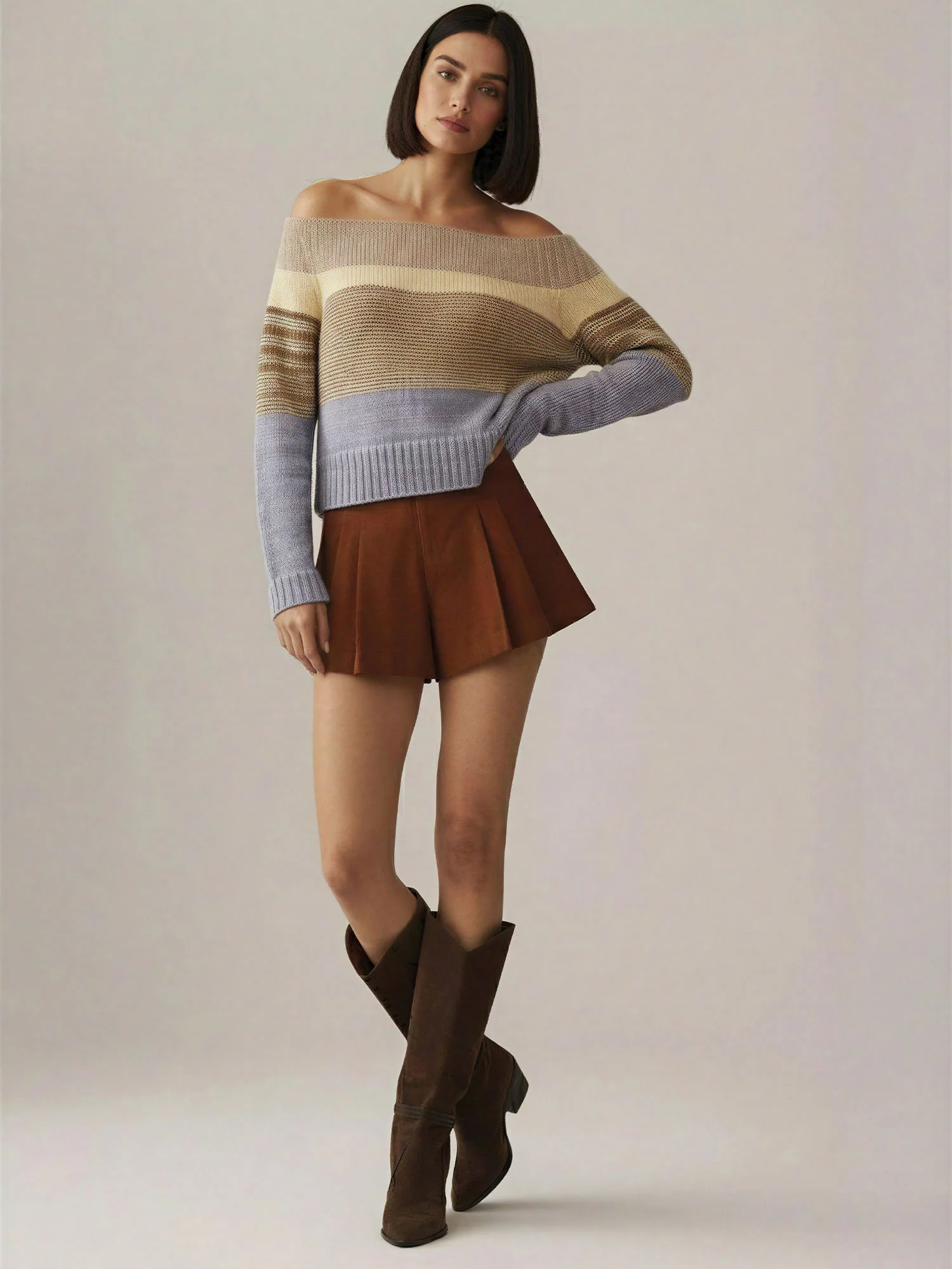 Mixed Stripe Off The Shoulder Sweater - Image 2