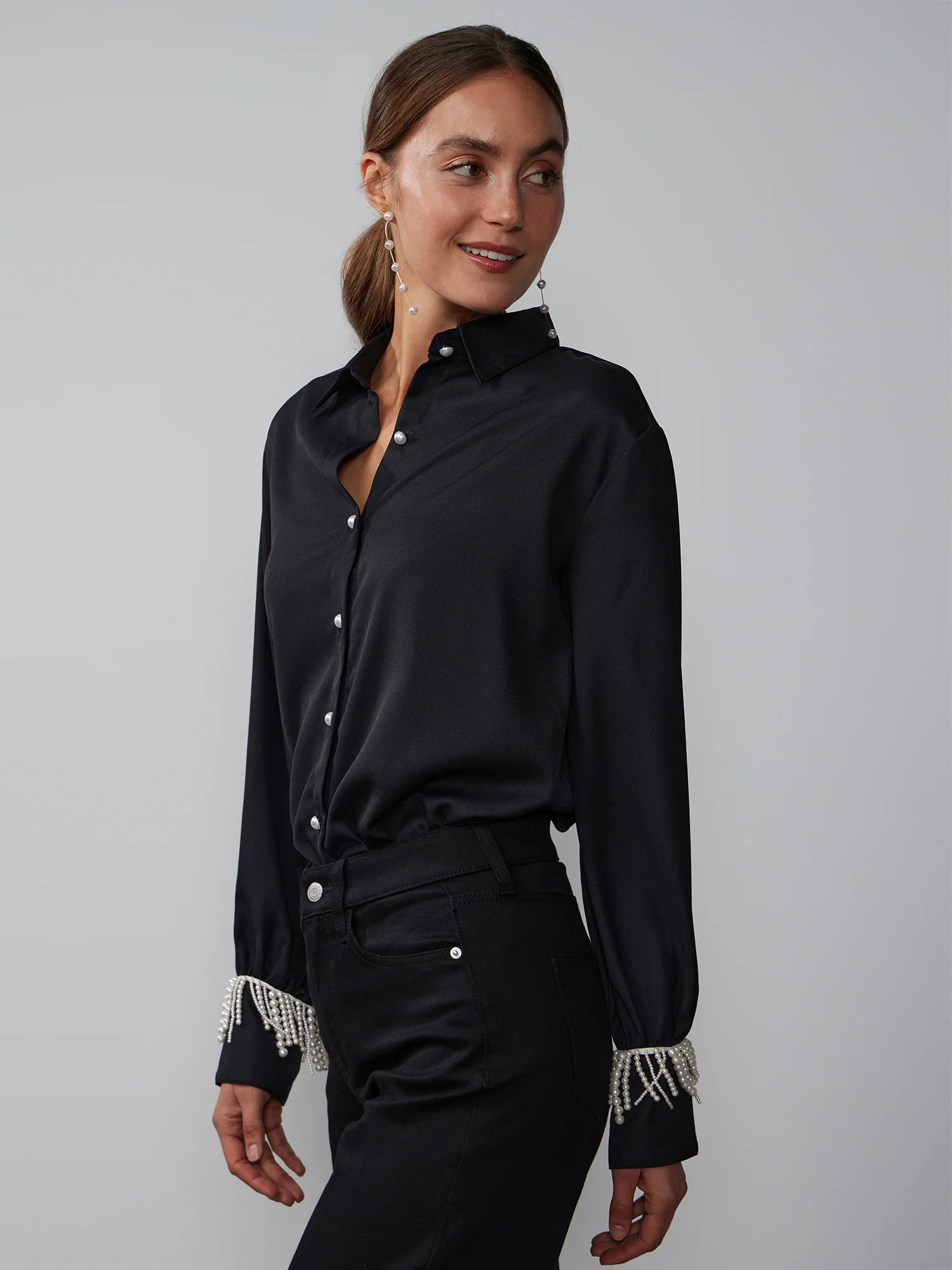 Long Sleeve Pearl Fringe Button Front Top - Image 2