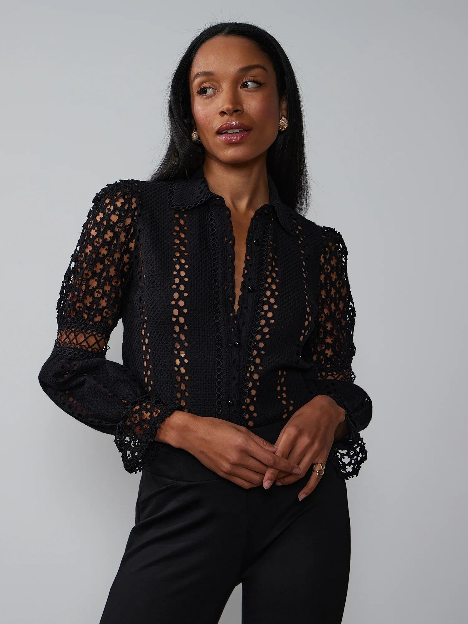 Balloon Sleeve Eyelet Shirt