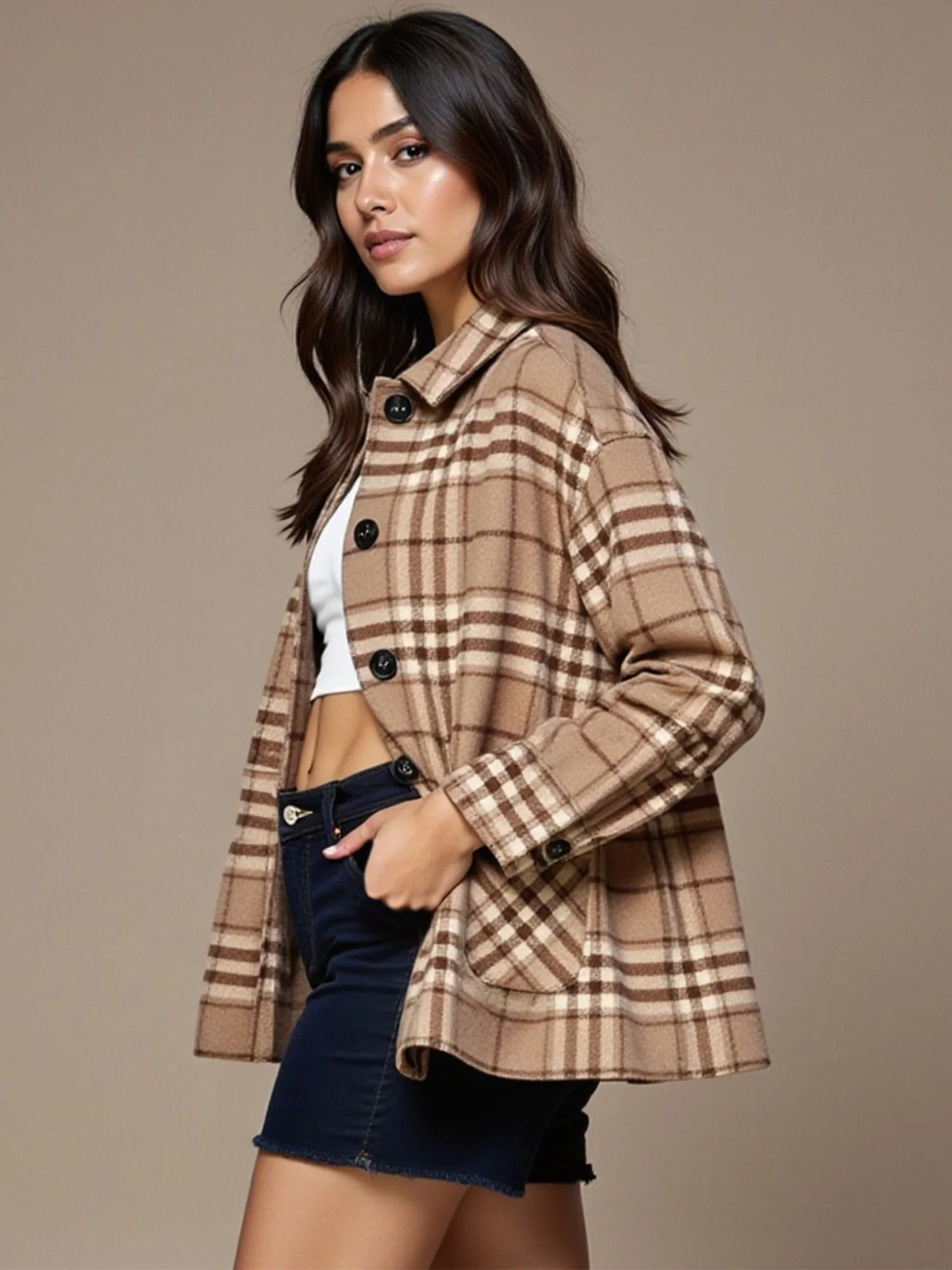 Long Sleeve Plaid Flannel Shacket - Image 3