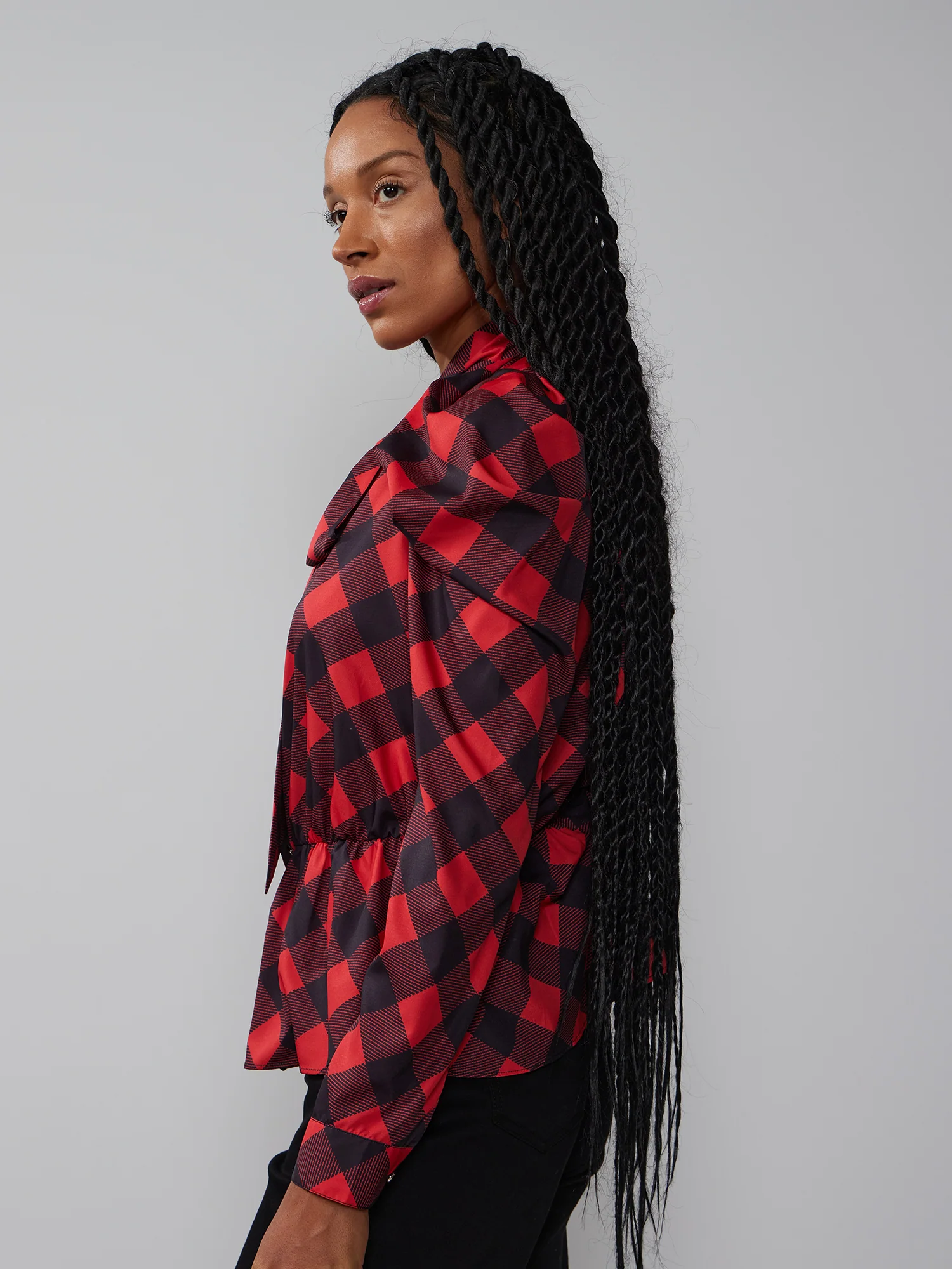 Plaid Puff Sleeve Tie Neck Top - Image 2