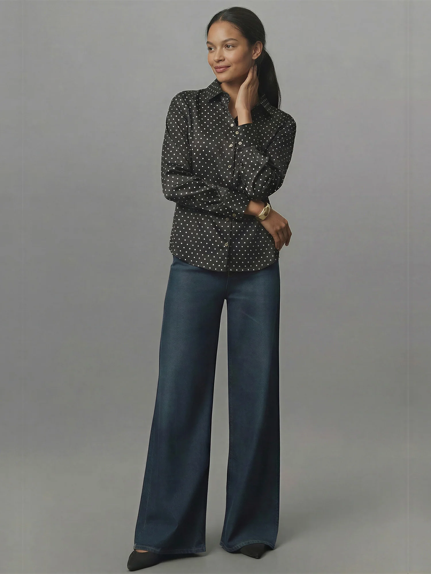 Long Sleeves Polka Dot Stretch Satin Button Down Shirt - Image 2
