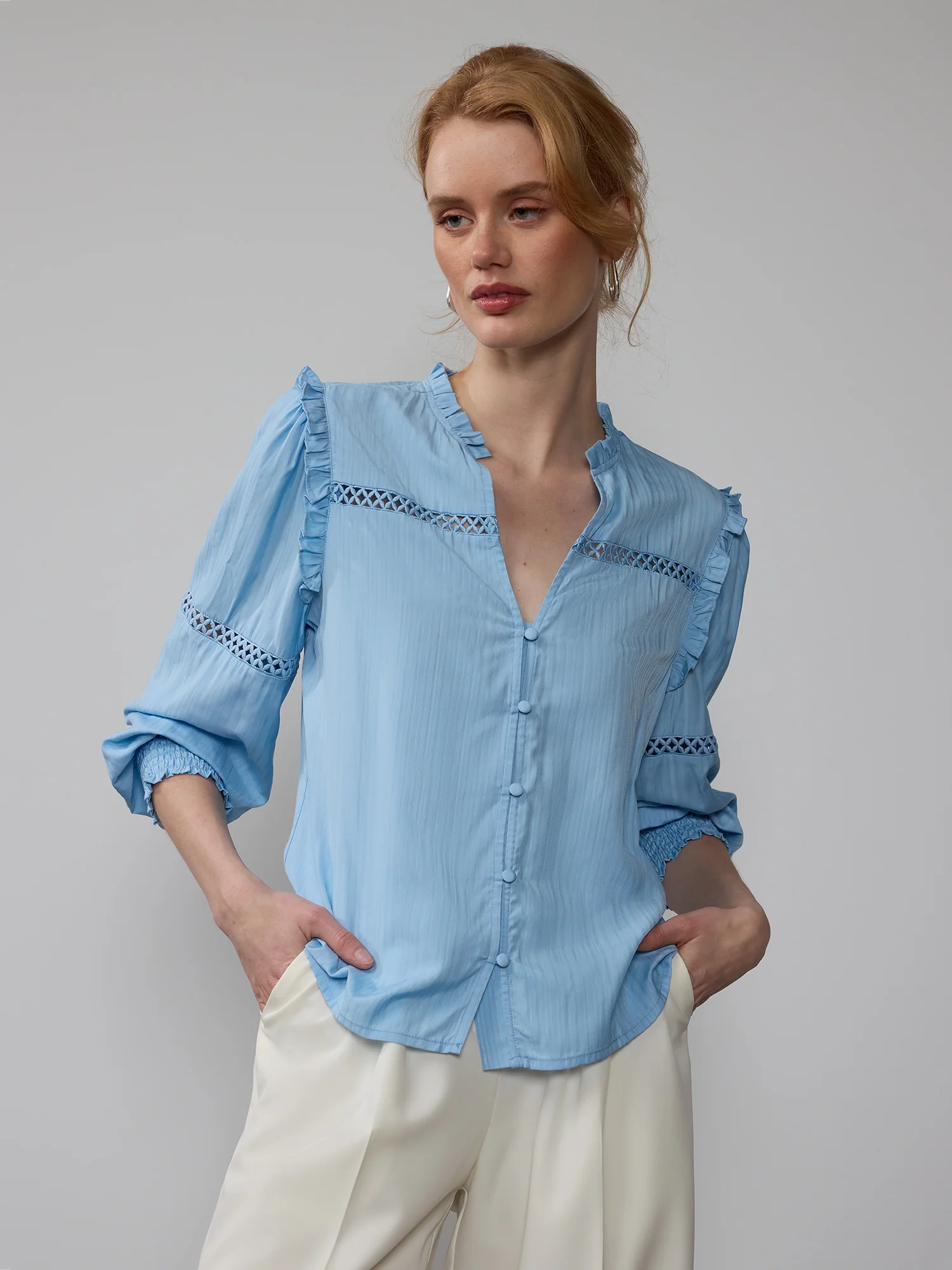 Ruffle Ladder Trim Button Front Blouse