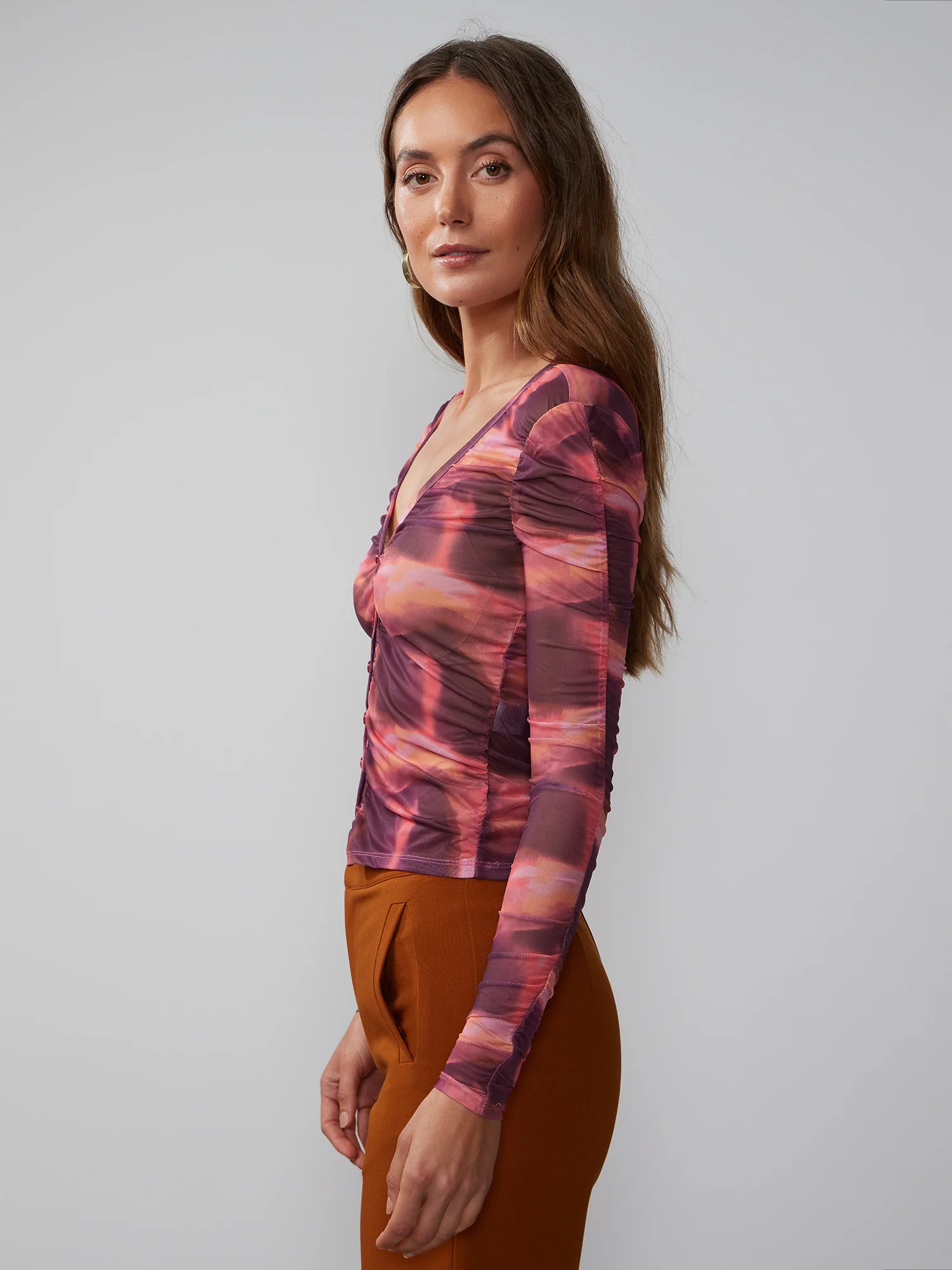 Ruched Mesh Button Front Top - Image 2