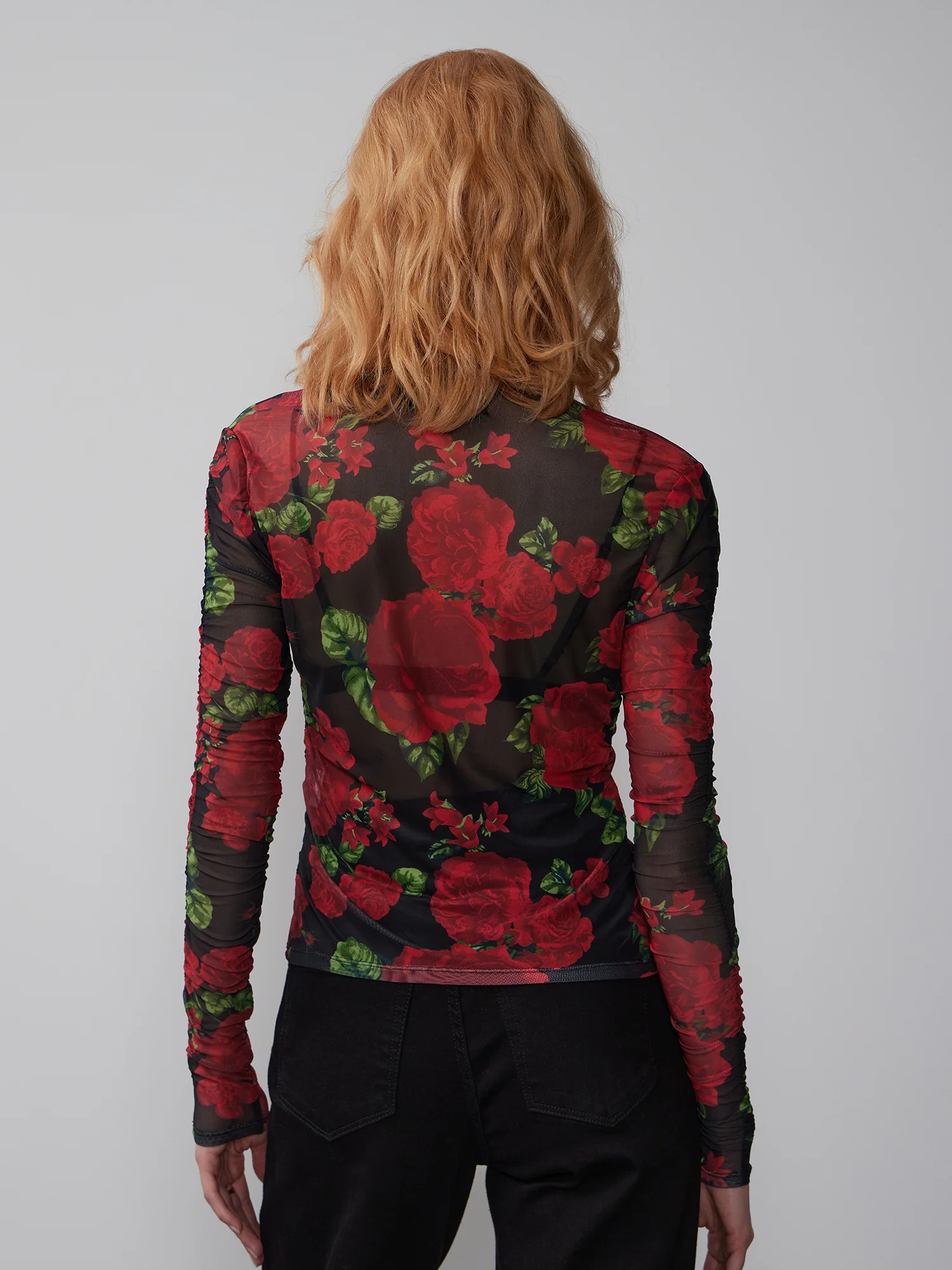 Ruched Mesh Button Front Floral Top - Image 3