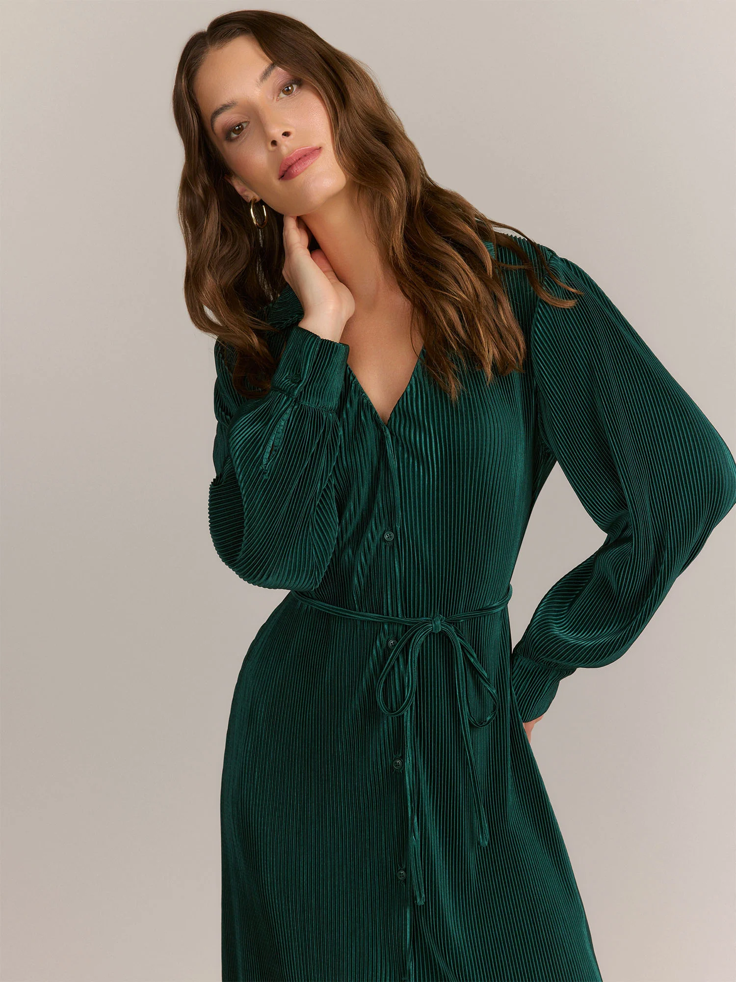 Gilli Long Sleeve Self Tie Plisse Shirt Dress - Brands We Love - Image 2